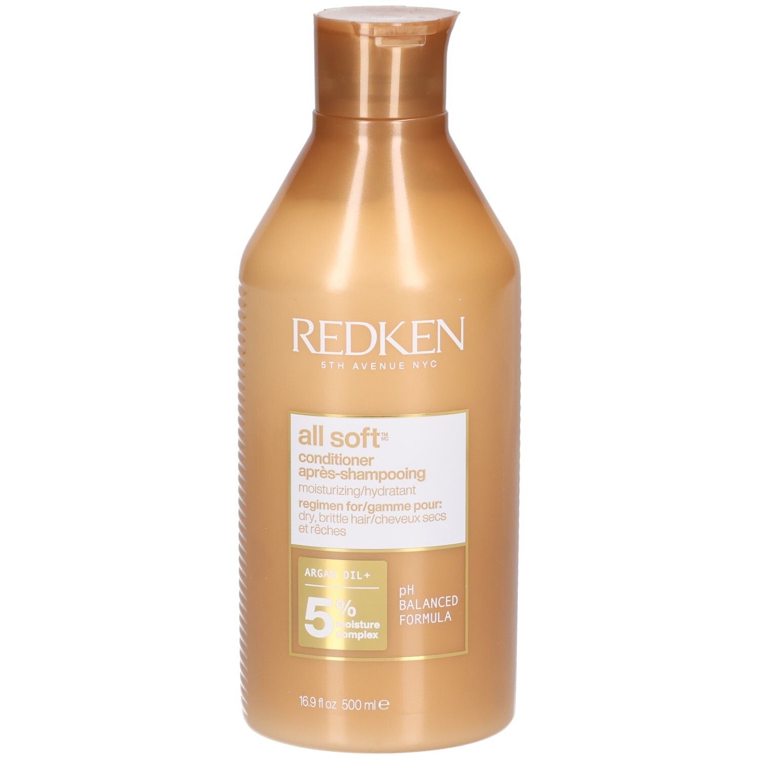 Flacone dorato di balsamo. Scritte: Redken, All Soft, Conditioner, 5% Moisture Complex, pH Balanced Formula.