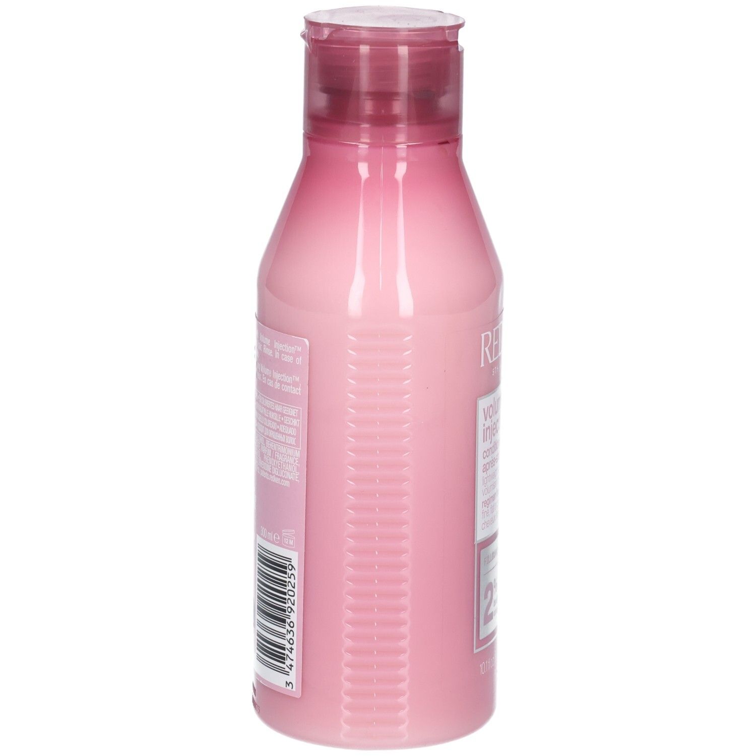 Vista posteriore di un flacone rosa con tappo rosso. Sul retro sono presenti testo e codice a barre.