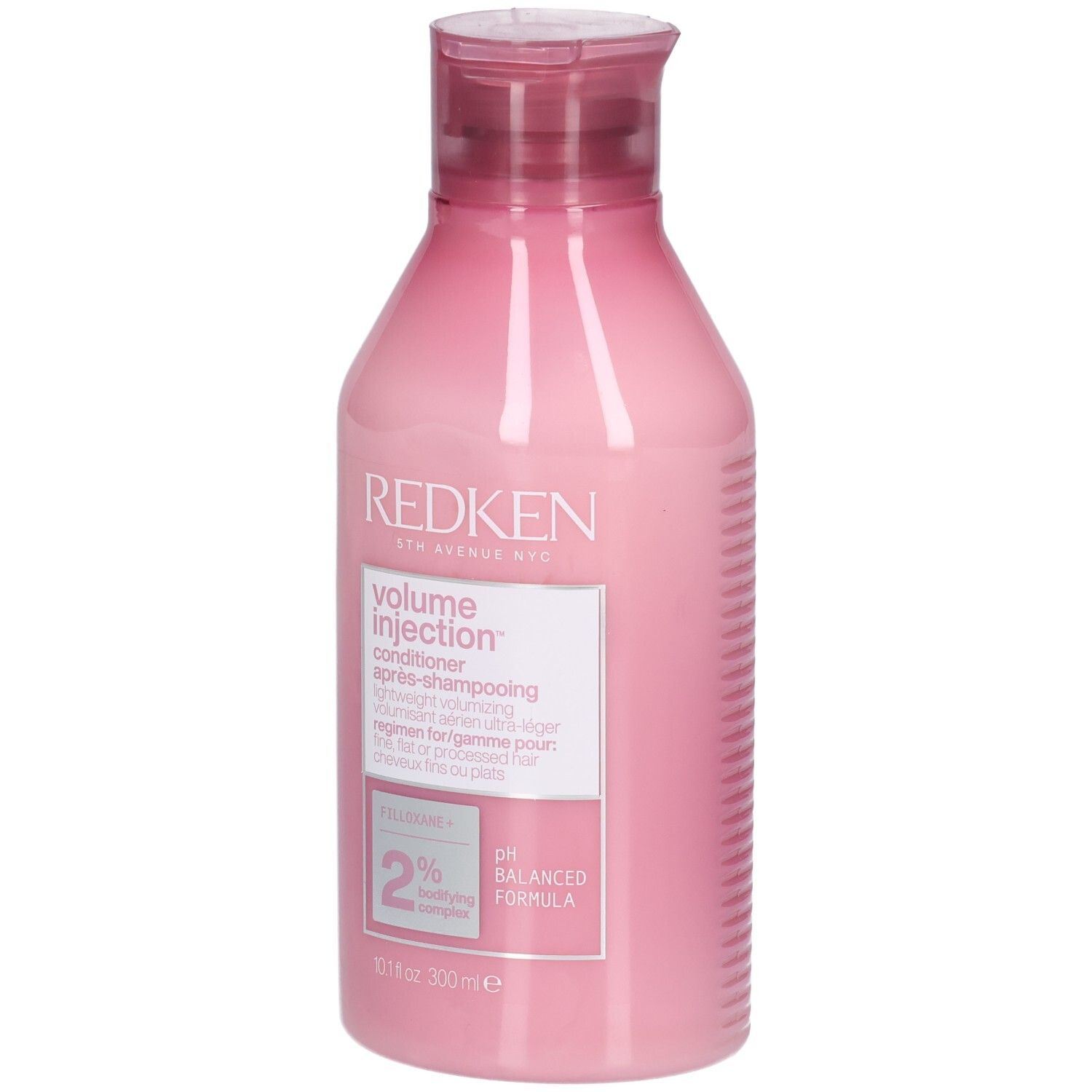 Flacone rosa con tappo rosso. Scritta: Redken Volume Injection Conditioner. Contiene 2% Filloxane. Formula pH bilanciato.