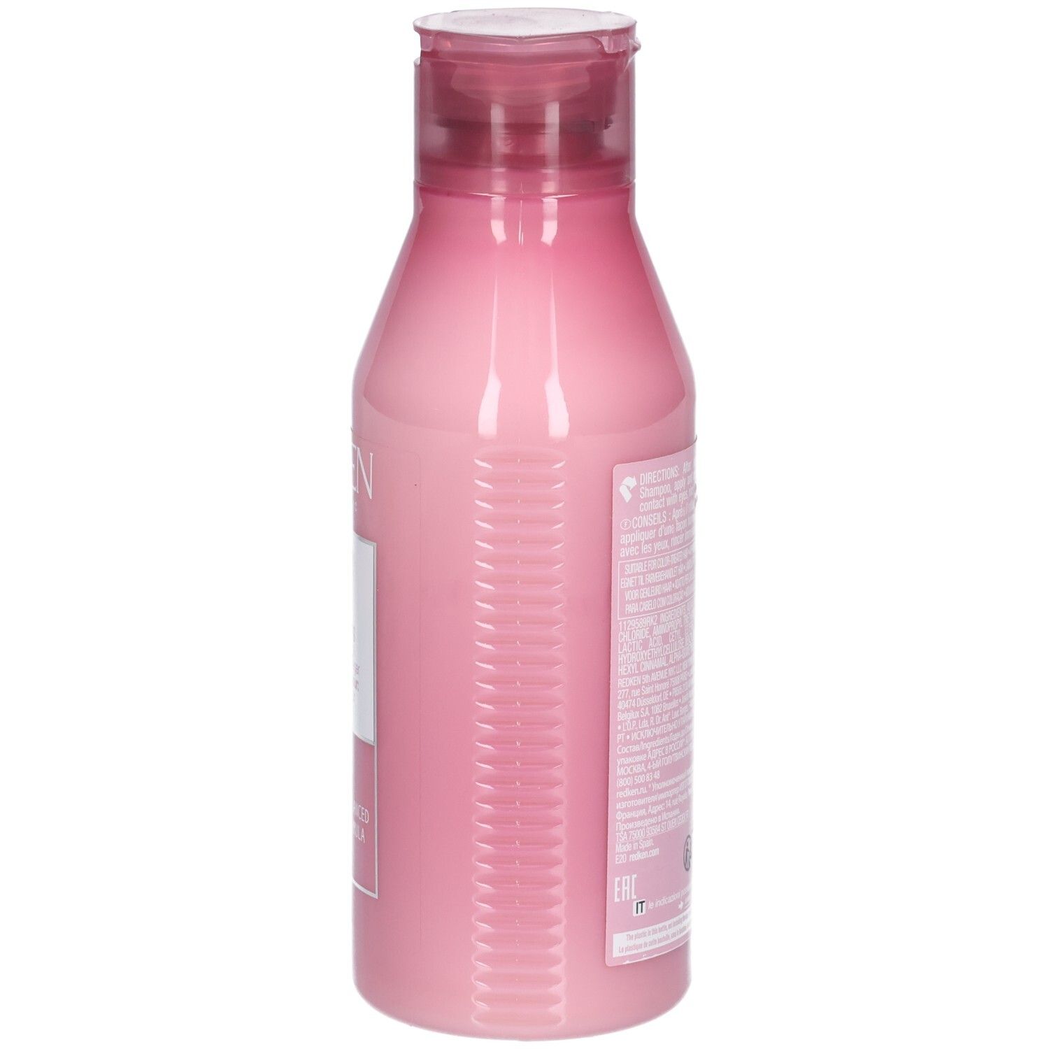 Vista laterale di un flacone rosa con tappo rosso. Sul flacone sono presenti testo e codice a barre.
