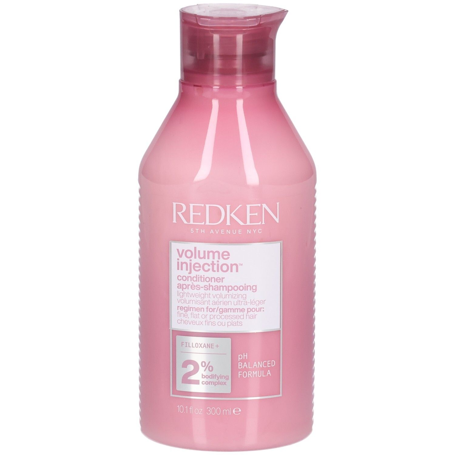 Flacone rosa con tappo rosso. Scritta: Redken Volume Injection Conditioner. Contiene 2% Filloxane. Formula pH bilanciato.