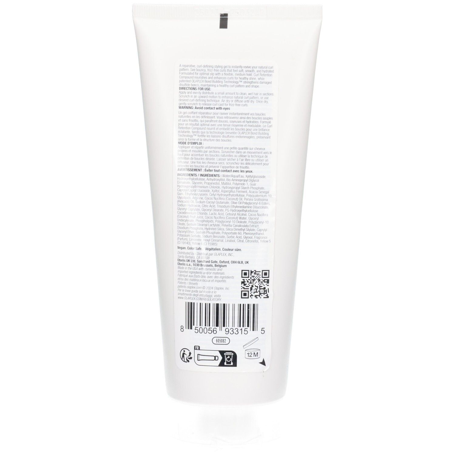 Retro di un tubo bianco di Gel Definisci Ricci Olaplex Nº10. Contiene istruzioni e lista ingredienti. 200 ml.