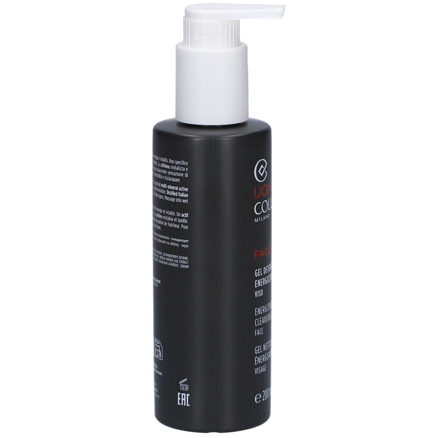 Flacone nero con dosatore bianco. Scritta: Uomo Collistar, Face, Gel Nettoyant Visage. Testo sul retro.
