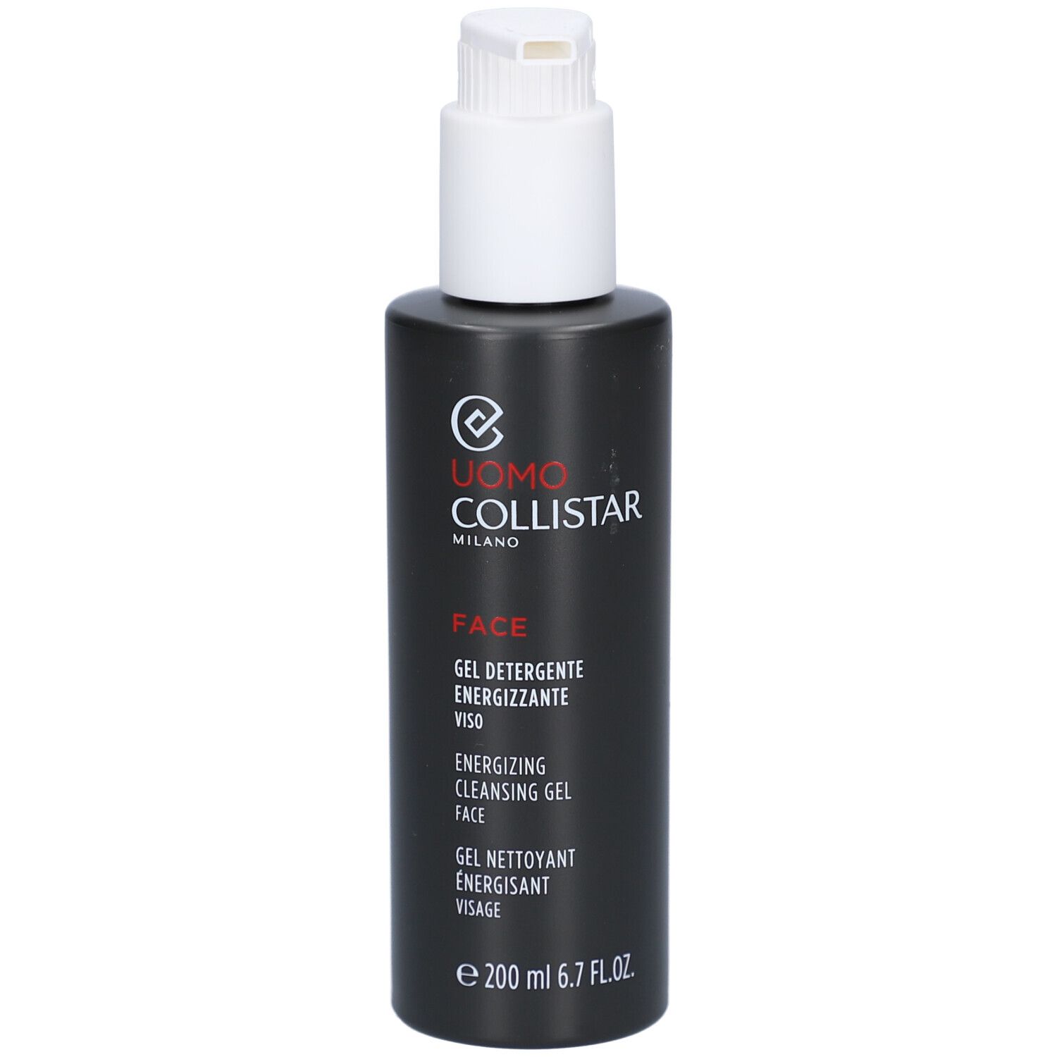Flacone nero con dosatore bianco. Scritta: Uomo Collistar, Face, Gel Nettoyant Visage. 200 ml.