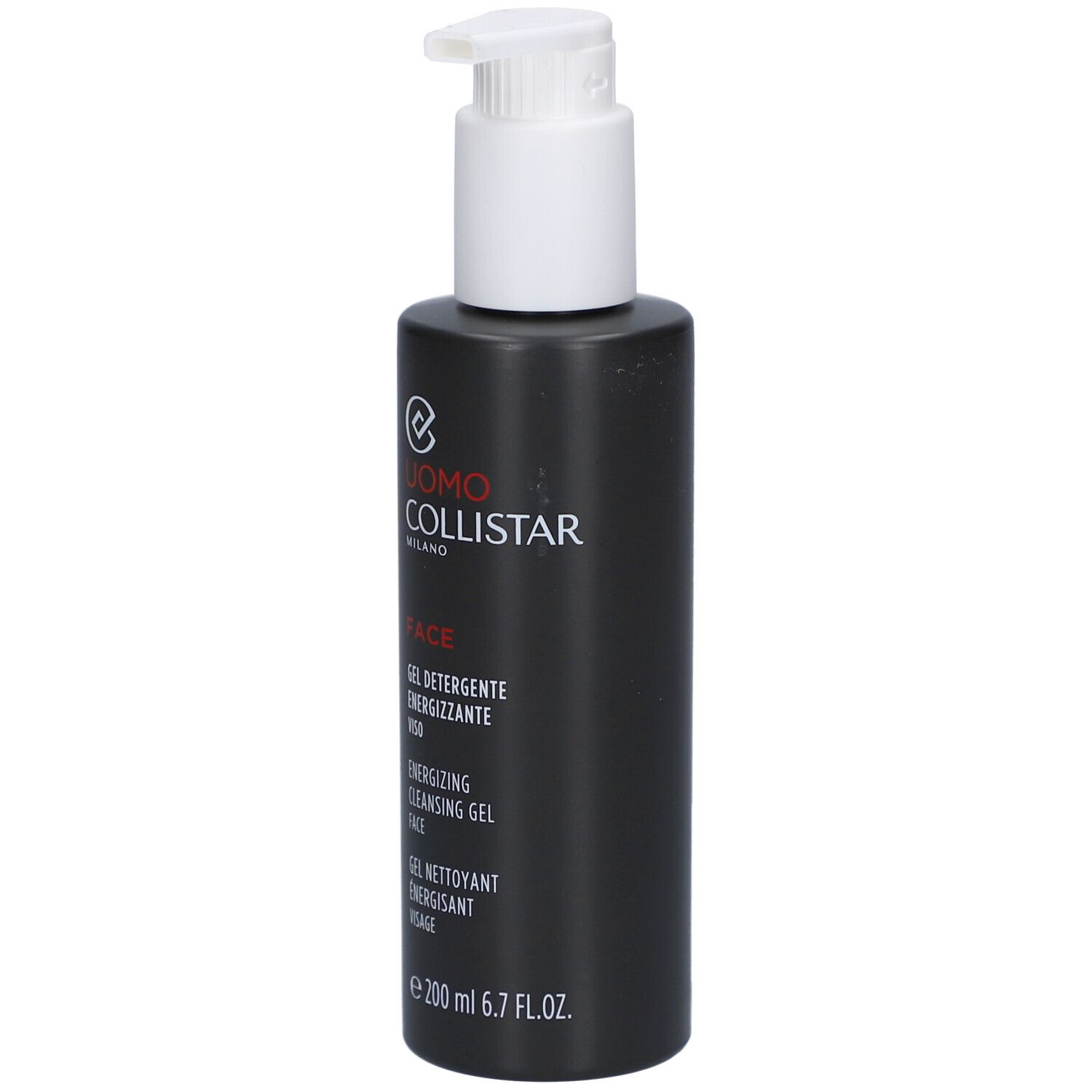 Flacone nero con dosatore bianco. Scritta: Uomo Collistar, Face, Gel Nettoyant Visage. 200 ml.