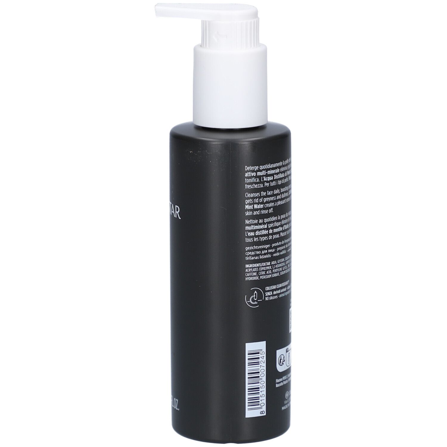 Flacone nero con dosatore bianco. Scritta: Uomo Collistar, Face, Gel Nettoyant Visage. Testo sul retro.