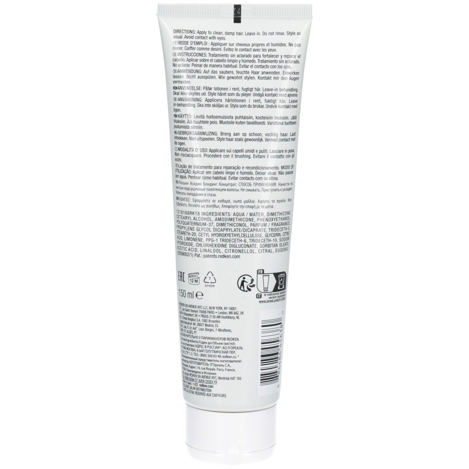 Retro di un tubo bianco. Contiene informazioni sul prodotto e ingredienti. 150 ml. Con simboli di riciclaggio.
