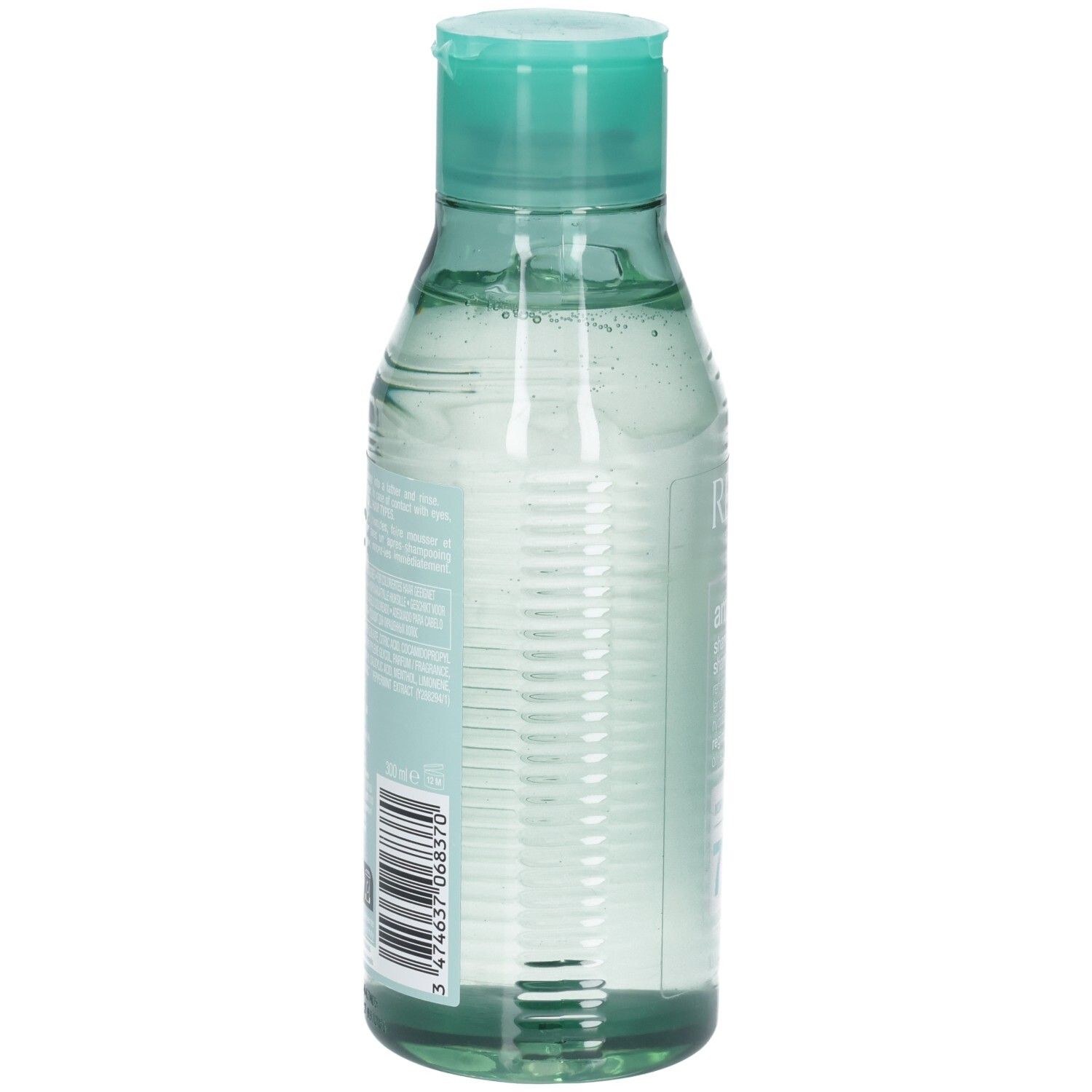 Retro della bottiglia di shampoo Redken Amino Mint. Bottiglia verde con tappo verde menta. Codice a barre e testo.