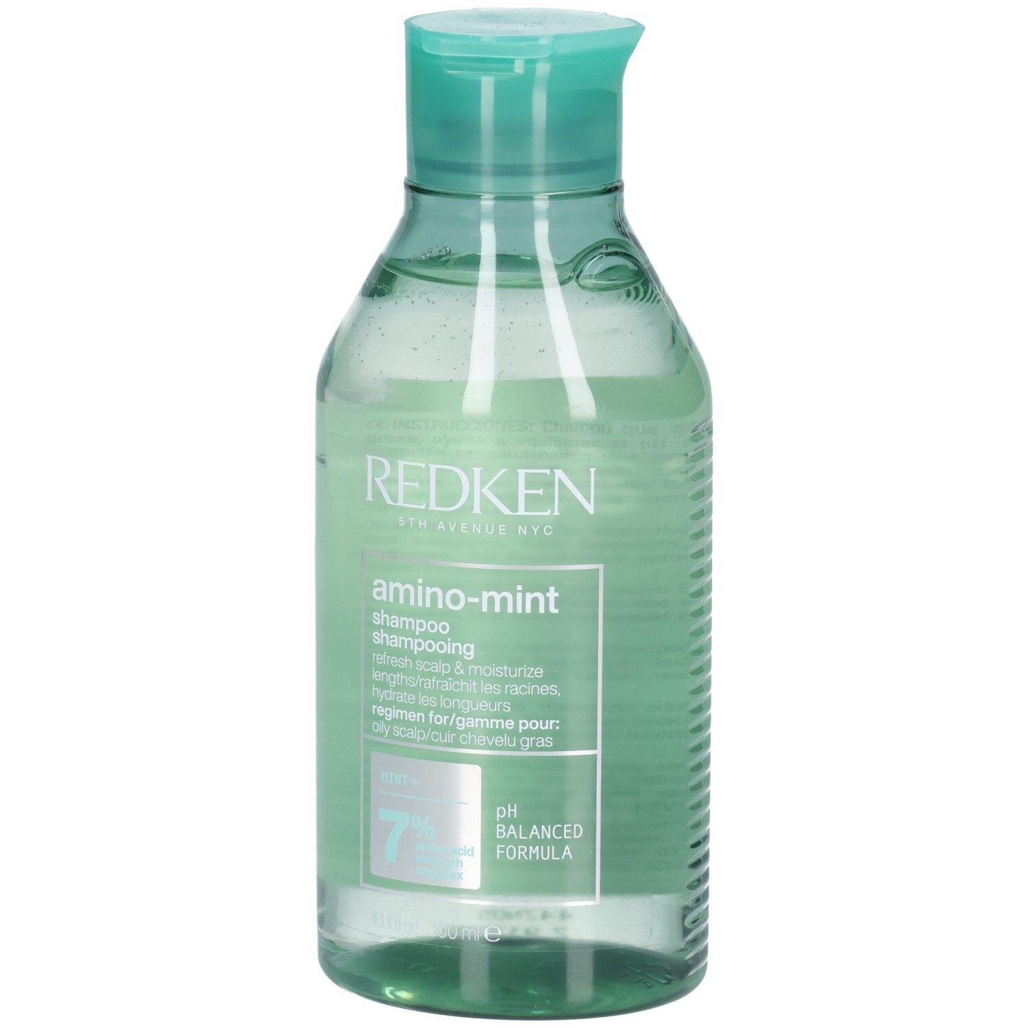 Shampoo Redken Amino Mint. Bottiglia verde con tappo verde menta. Testo: Redken, Amino-Mint, Shampoo. Formula pH bilanciata.