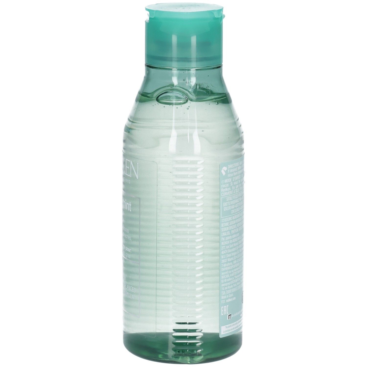 Retro della bottiglia di shampoo Redken Amino Mint. Bottiglia verde con tappo verde menta. Testo e codice a barre.