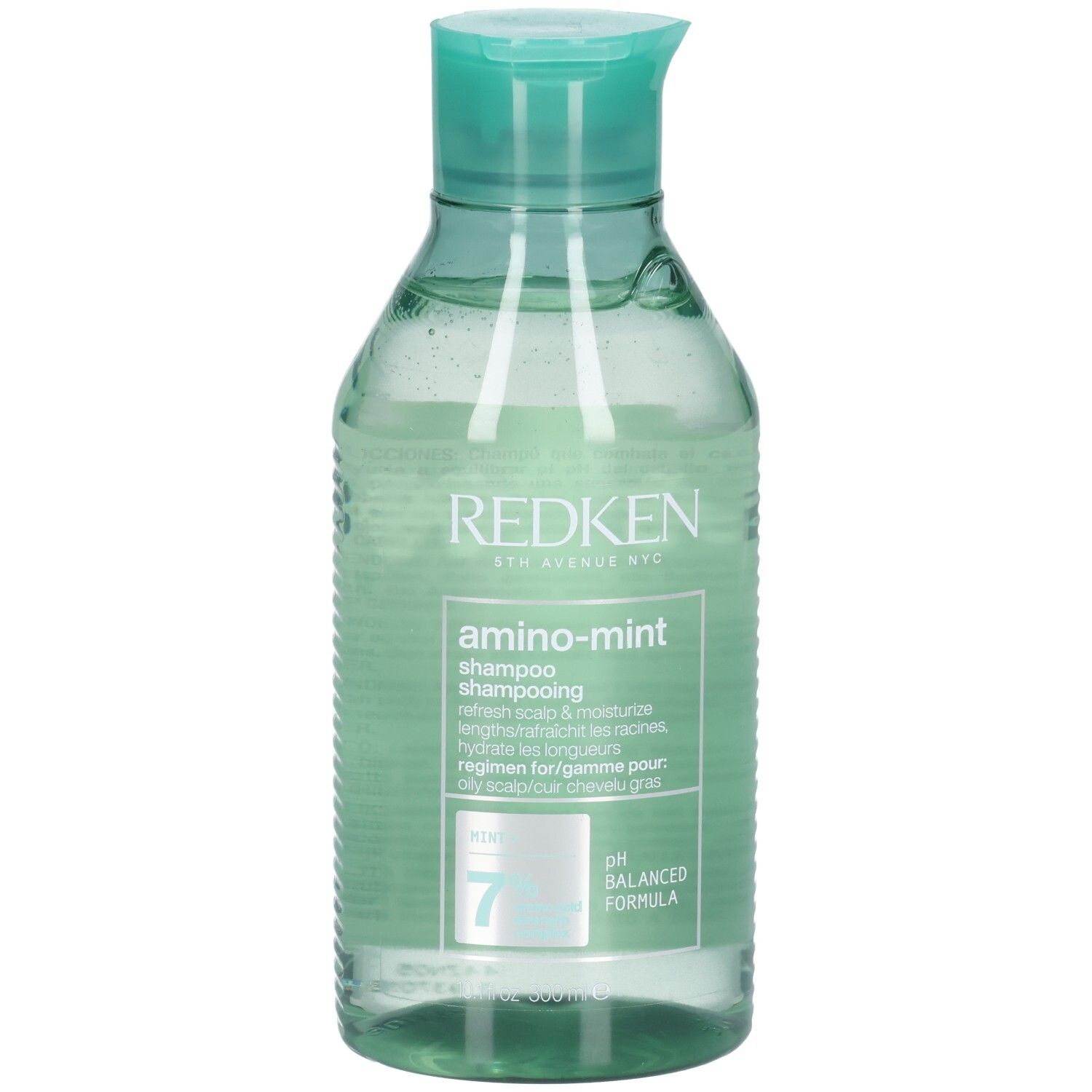 Shampoo Redken Amino Mint. Bottiglia verde con tappo verde menta. Testo: Redken, Amino-Mint, Shampoo. Formula pH bilanciata.