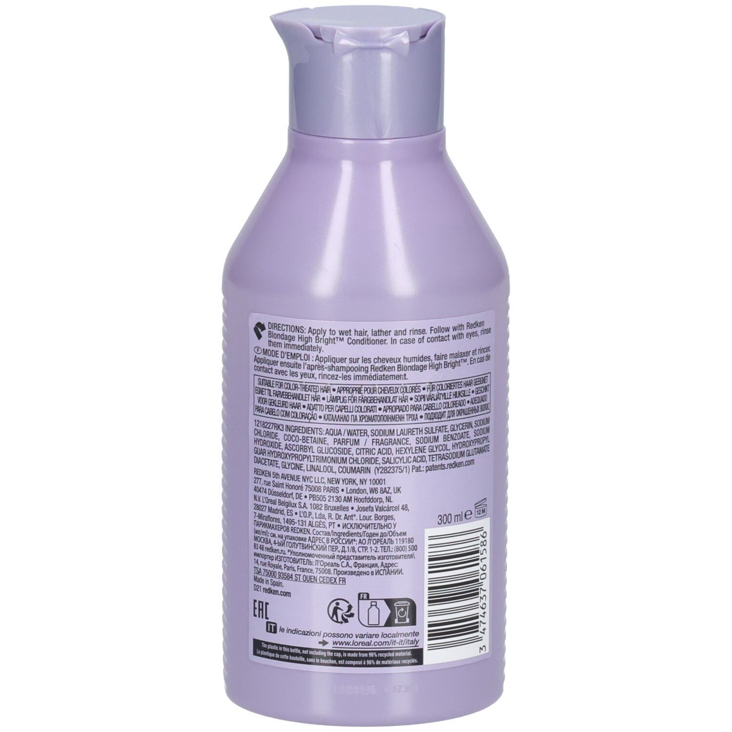 Flacone viola con etichetta posteriore che elenca ingredienti e istruzioni. 300 ml.