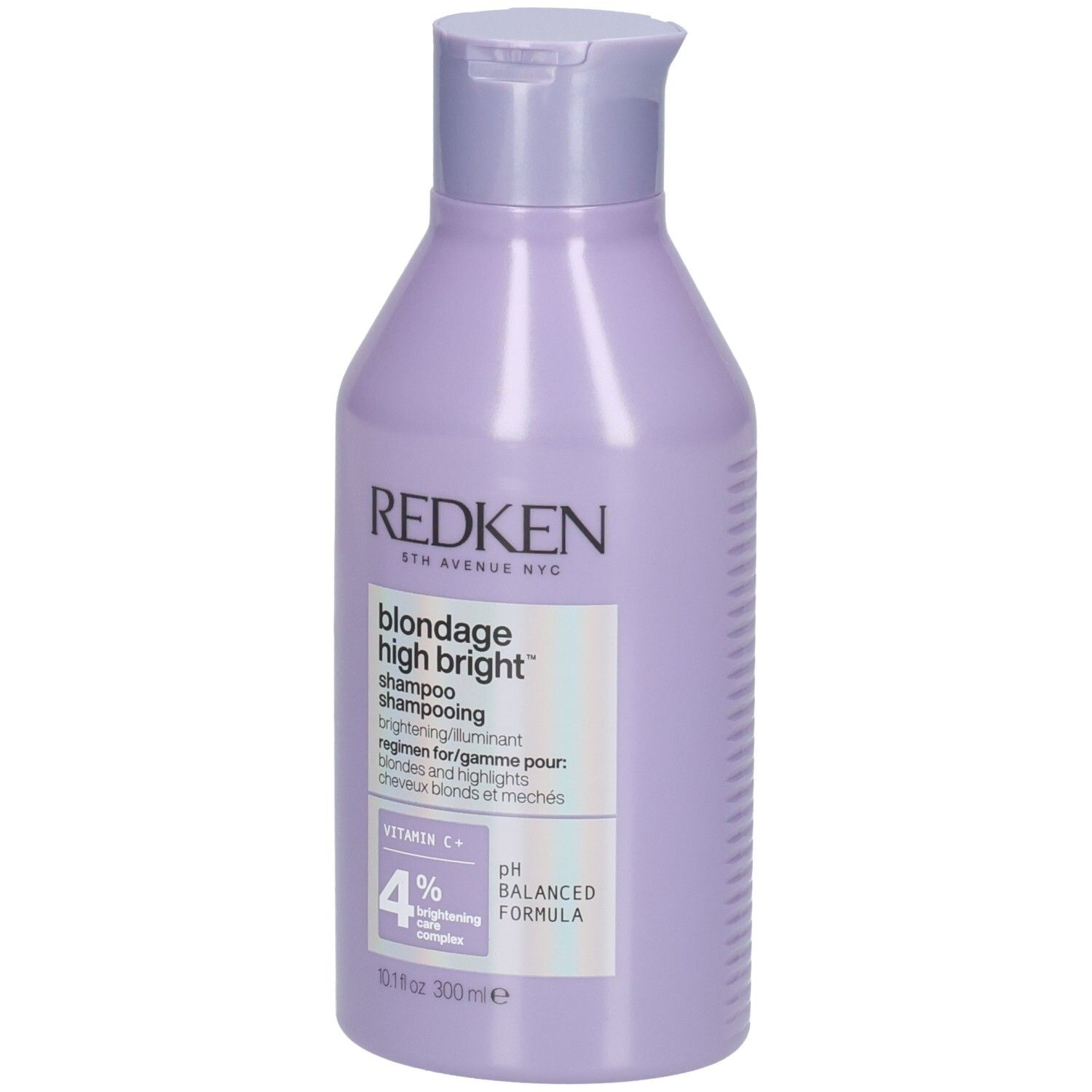 Shampoo Redken Blondage High Bright, 300ml, flacone viola con formula illuminante.