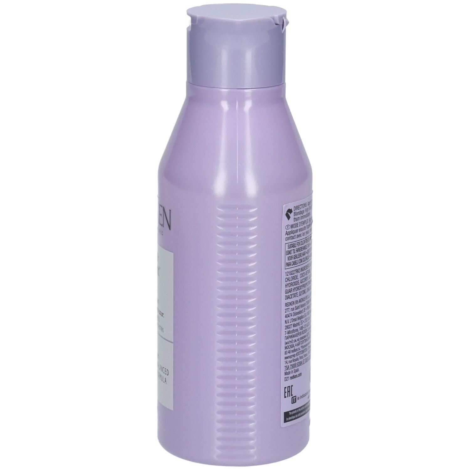 Flacone viola con tappo a ribalta, etichetta con testo e numero di lotto.