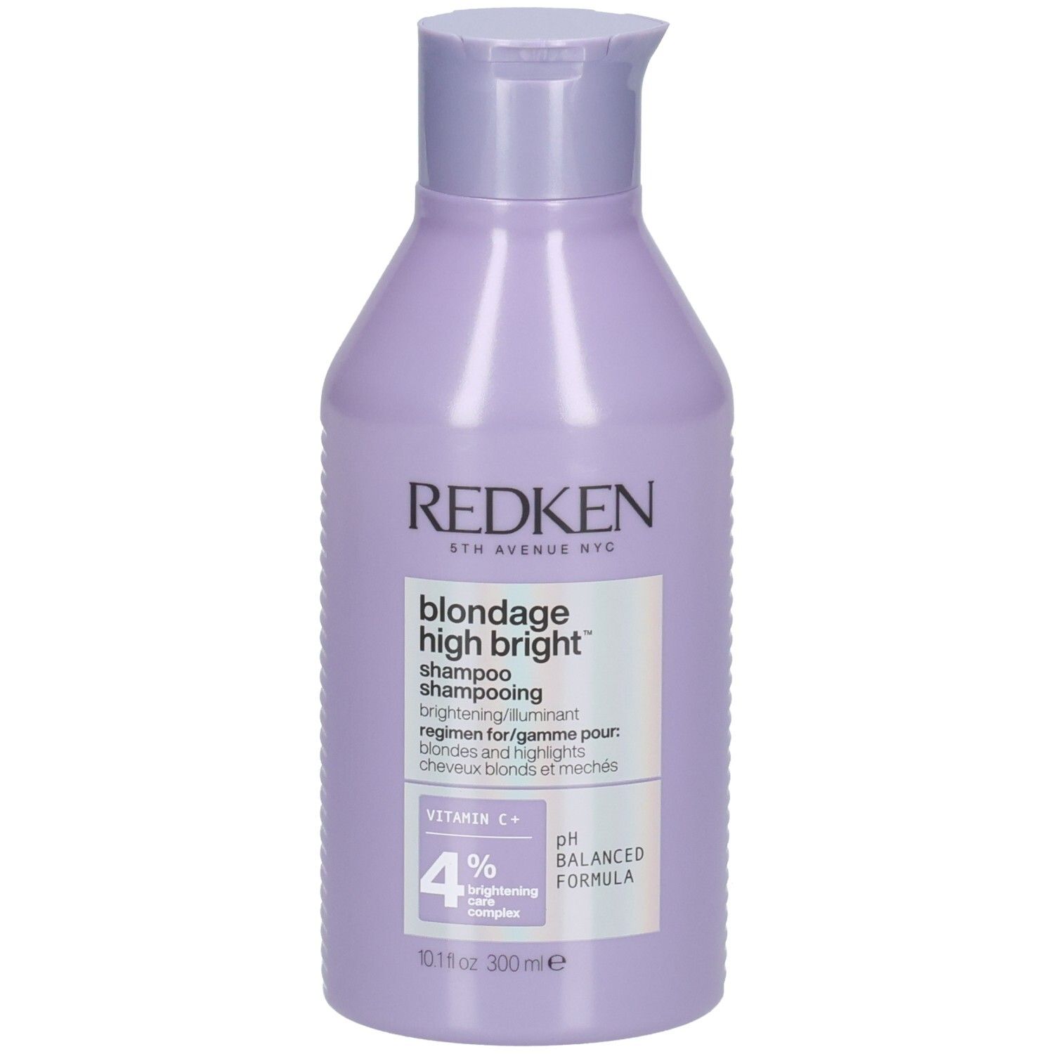 Flacone di shampoo Redken Blondage High Bright, 300ml, con Vitamina C+ e 4% Brightening Care Complex.