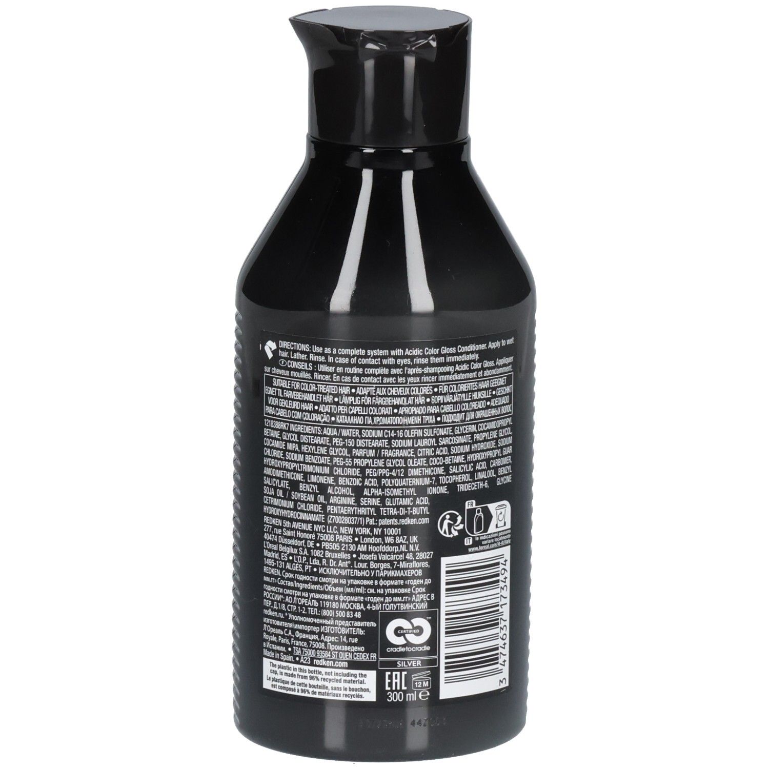 Retro del flacone di shampoo nero. Testo e codice a barre. 300 ml.