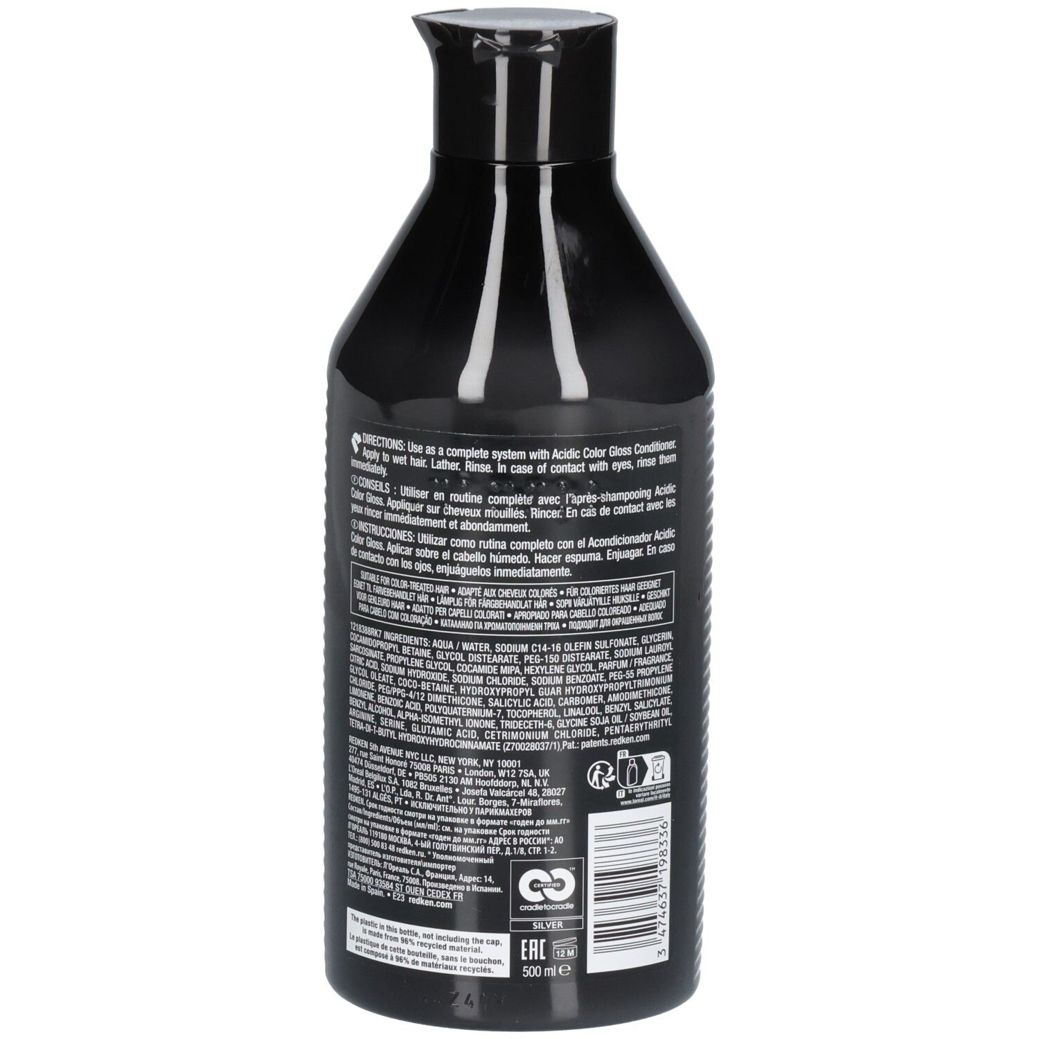 Retro di un flacone nero. Testo: Ingredienti, istruzioni per l'uso. 500 ml. Eco-label.
