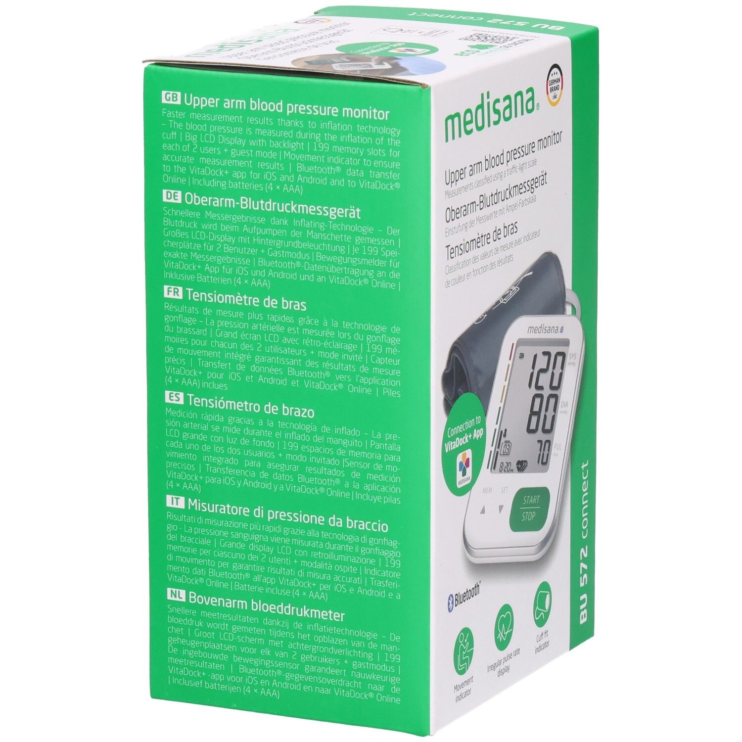Confezione del misuratore di pressione. Testo in più lingue. Dispositivo e bracciale illustrati. Logo Bluetooth.