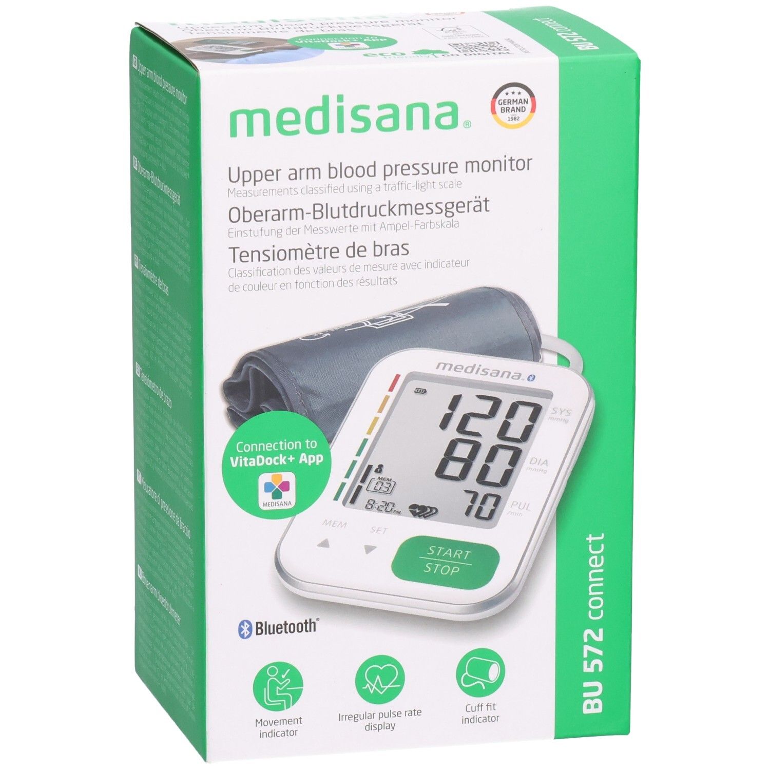 Misuratore di pressione in confezione. Display digitale con valori. Bracciale e dispositivo illustrati. Logo Bluetooth.