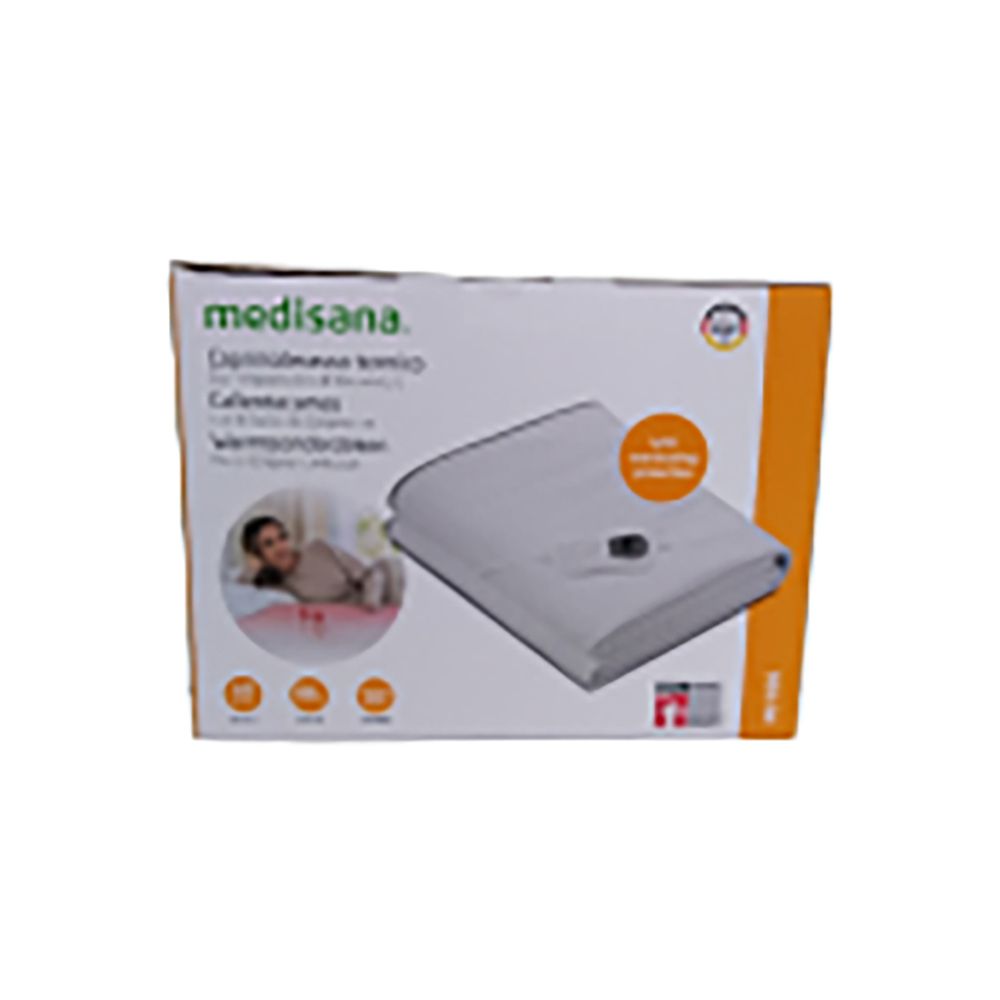 Confezione con sottocoperta riscaldata. Marchio: medisana. Immagine del prodotto con donna. Scritta: sottocoperta riscaldata.