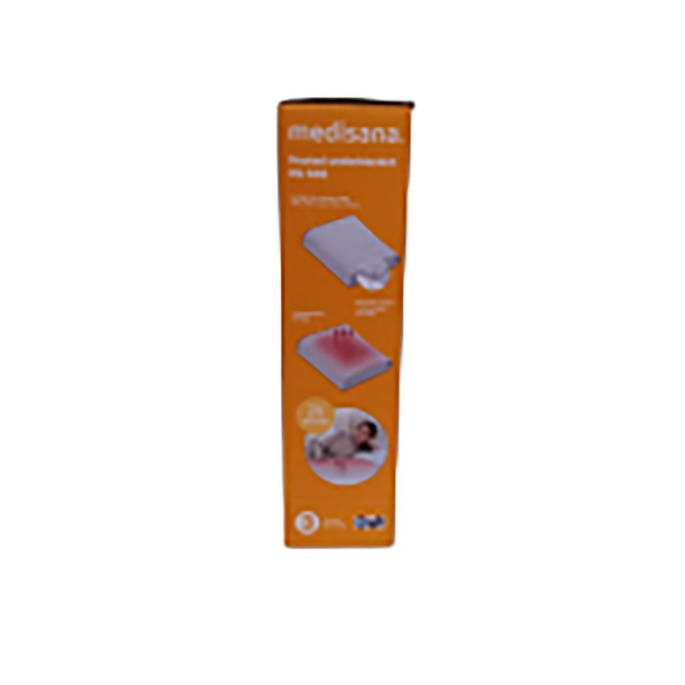Confezione con sottocoperta riscaldata. Marchio: medisana. Immagine del prodotto con donna. Scritta: sottocoperta riscaldata.