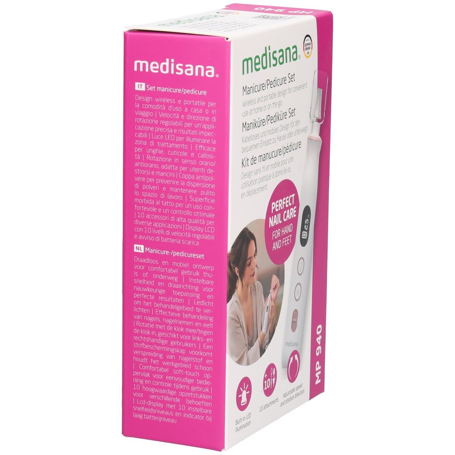 Set manicure/pedicure Medisana. Confezione, vista laterale. Testo in tedesco, italiano, olandese. MP 940. Rosa e bianco.