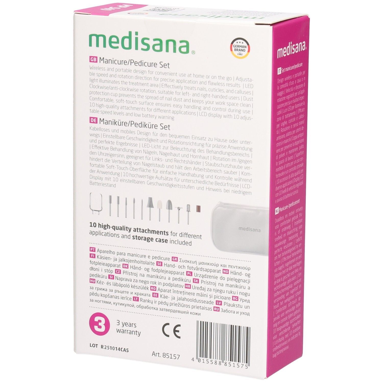 Set manicure/pedicure Medisana. Retro della confezione. 10 accessori, custodia. 3 anni di garanzia. Marchio CE.