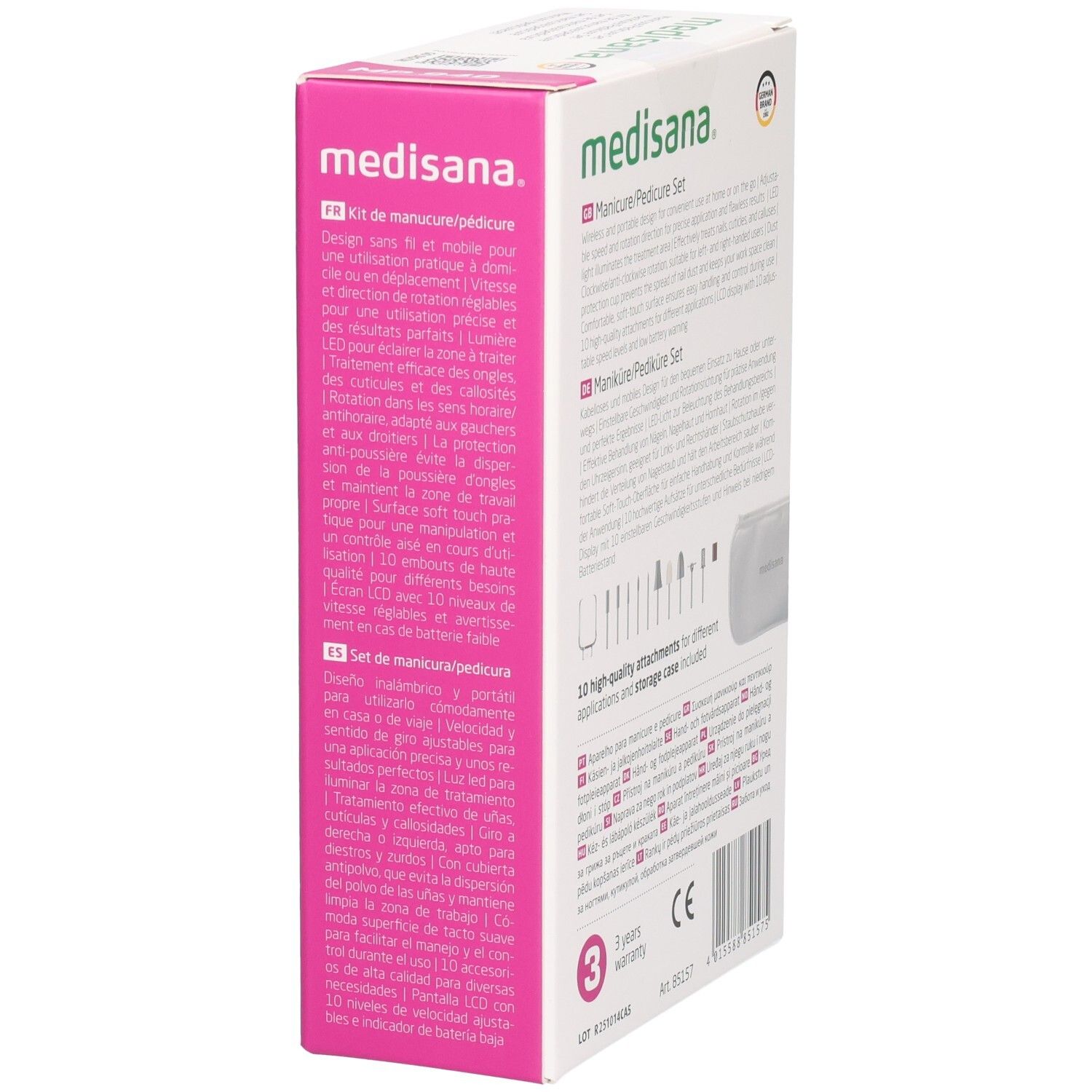 Set manicure/pedicure Medisana. Confezione, vista laterale. Testo in francese, spagnolo. 10 accessori. 3 anni di garanzia.