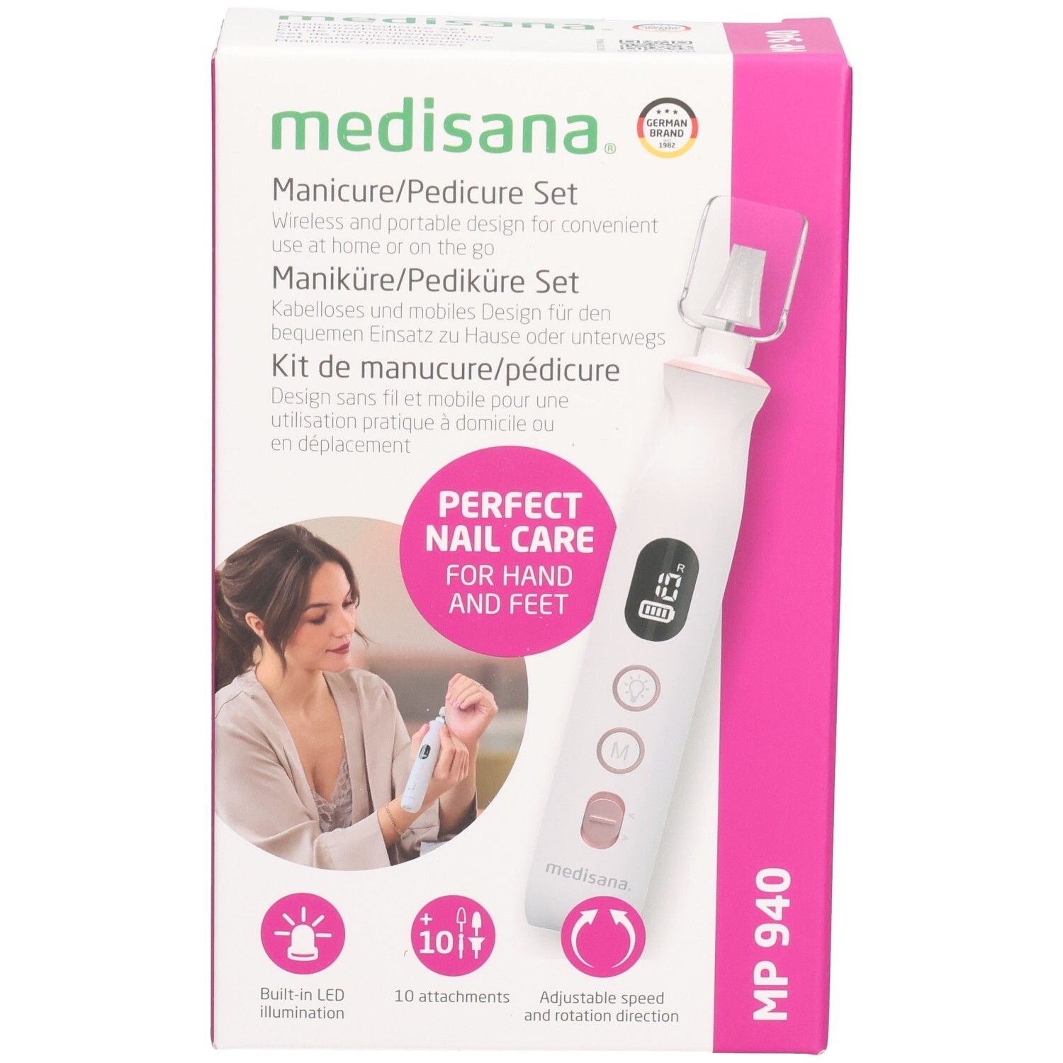 Set manicure/pedicure Medisana. Confezione rosa e bianca. Prodotto e donna sul fronte. MP 940. 10 accessori, illuminazione LED.