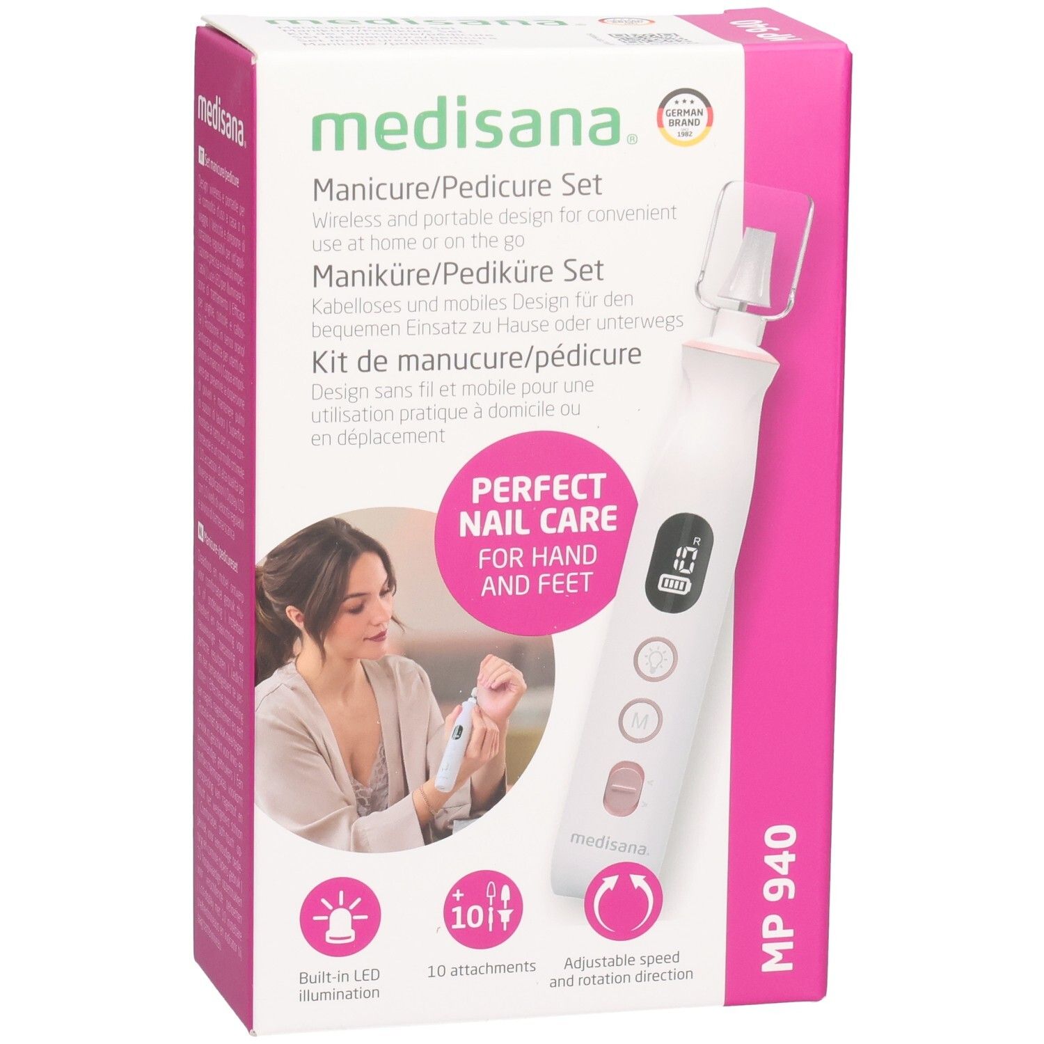 Set manicure/pedicure Medisana. Confezione rosa e bianca. Prodotto e donna sul fronte. MP 940. 10 accessori, illuminazione LED.
