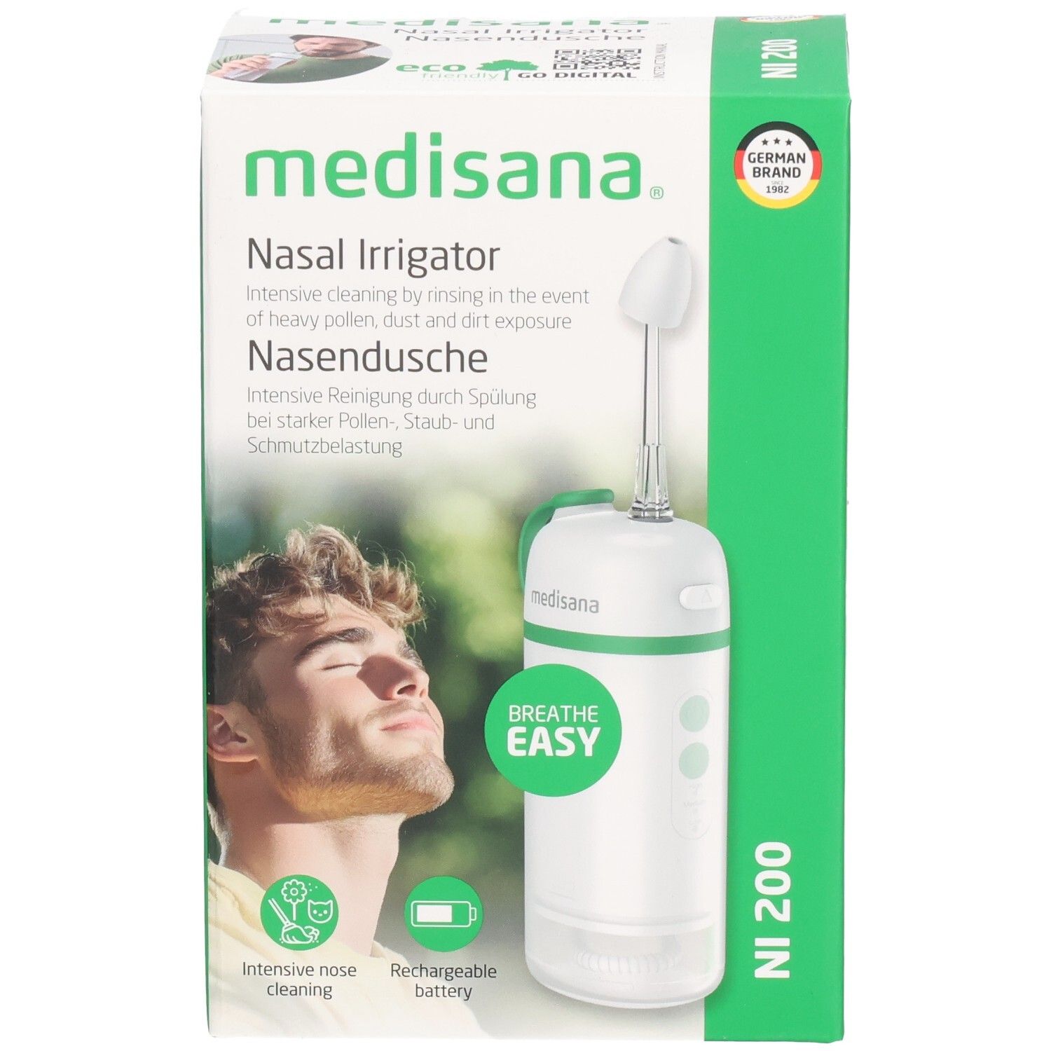 Confezione del dispositivo per il lavaggio nasale. Dispositivo bianco con dettagli verdi. Marchio: medisana. Scritta: NI 200. Con certificazione.
