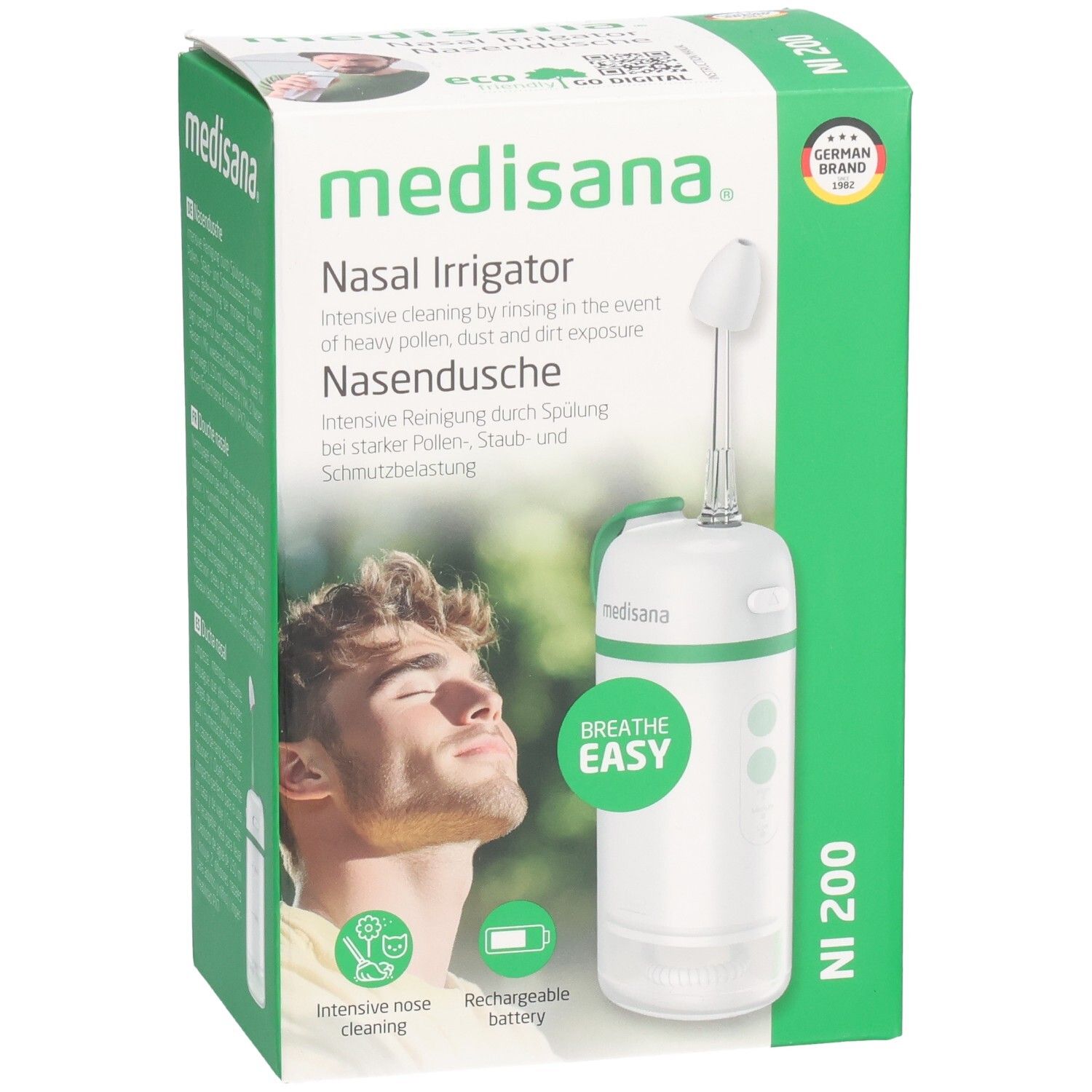 Confezione del dispositivo per il lavaggio nasale. Dispositivo bianco con dettagli verdi. Marchio: medisana. Scritta: NI 200. Con certificazione.