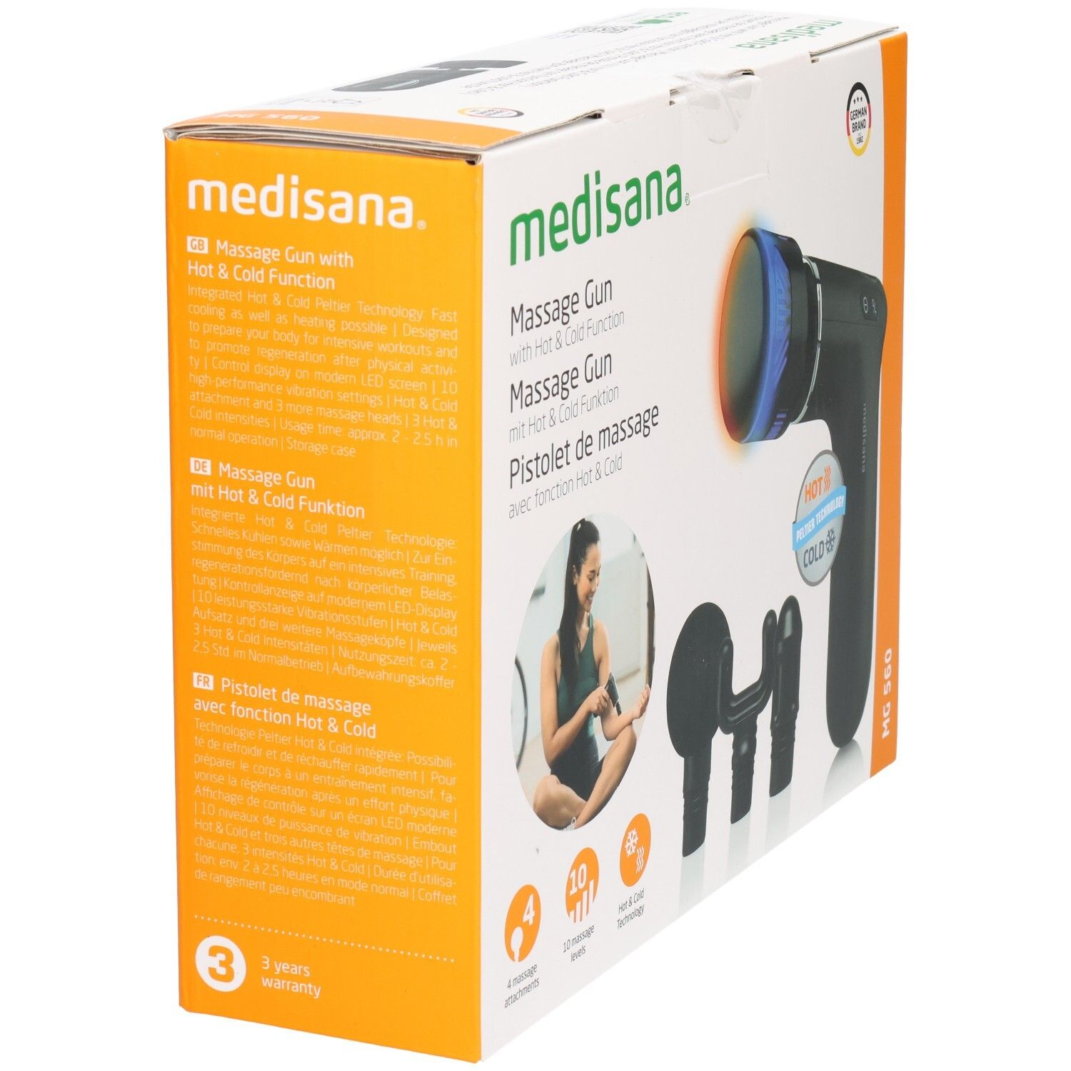 Confezione pistola massaggiante MG 560 di medisana. Vista laterale con informazioni sul prodotto e 3 anni di garanzia.