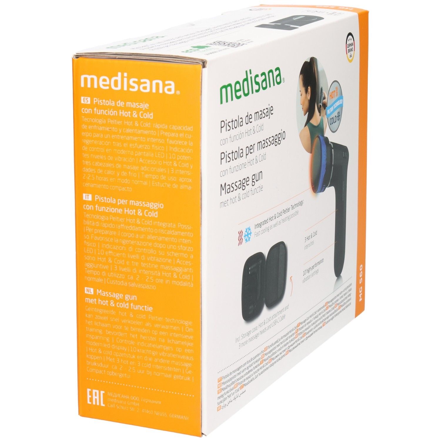 Confezione pistola massaggiante MG 560 di medisana. Vista laterale con informazioni sul prodotto e 3 anni di garanzia.