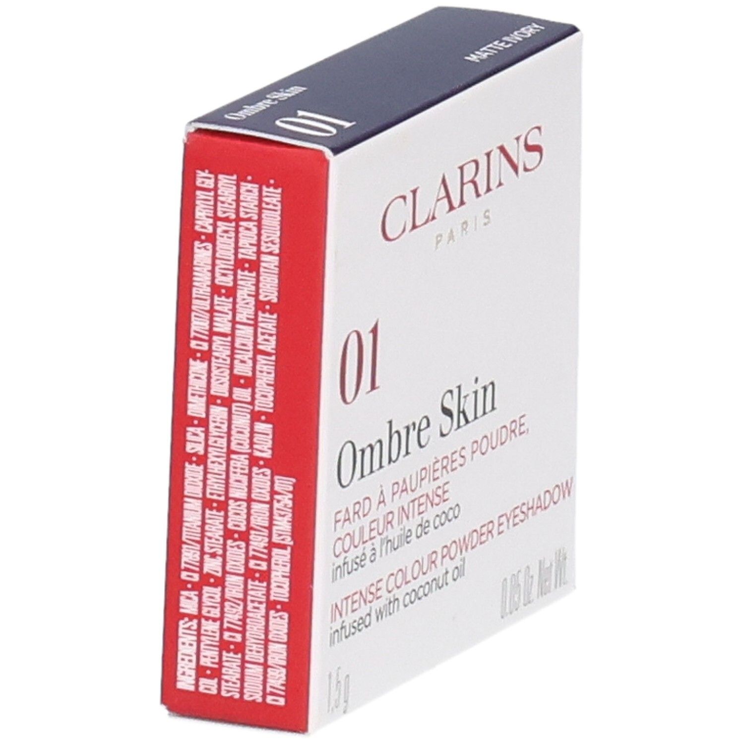 Clarins Ombre Skin 01 Matte Ivory, confezione ombretto, retro con ingredienti.