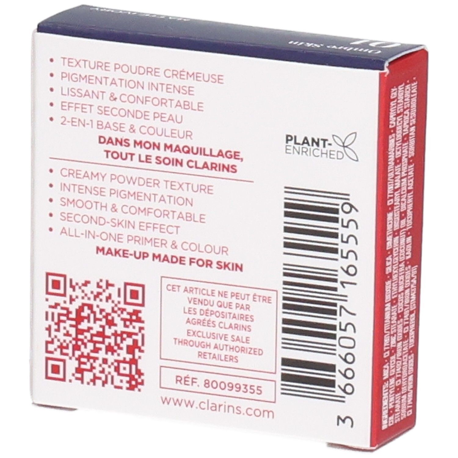 Clarins Ombre Skin 01 Matte Ivory, confezione ombretto, retro con caratteristiche prodotto.