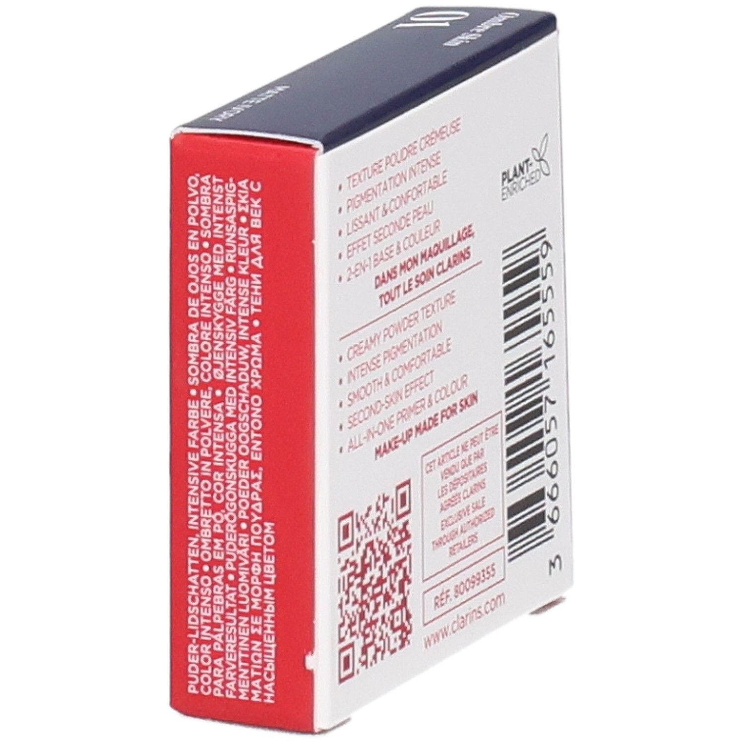Clarins Ombre Skin 01 Matte Ivory, confezione ombretto, lato con caratteristiche prodotto.