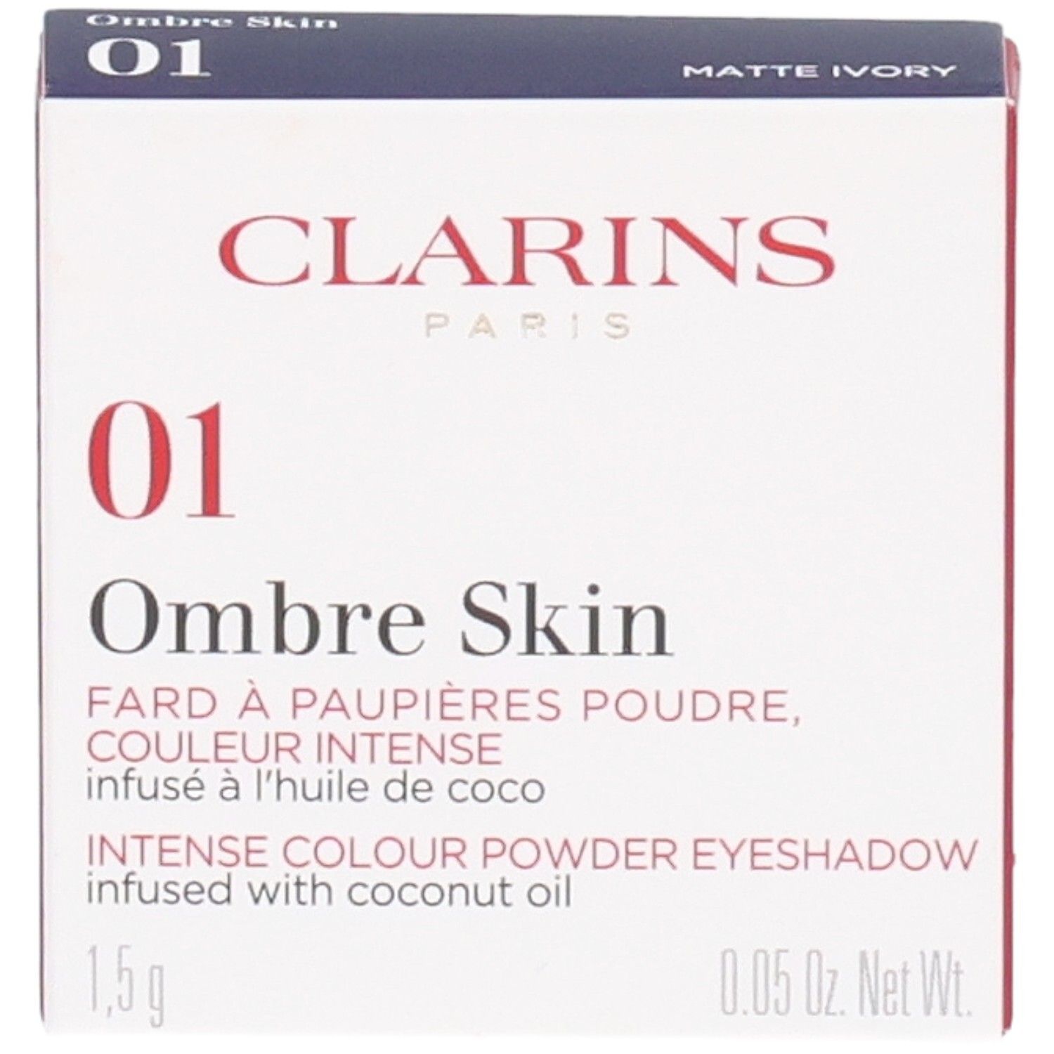 Clarins Ombre Skin 01 Matte Ivory, confezione ombretto. Contiene 1,5g.