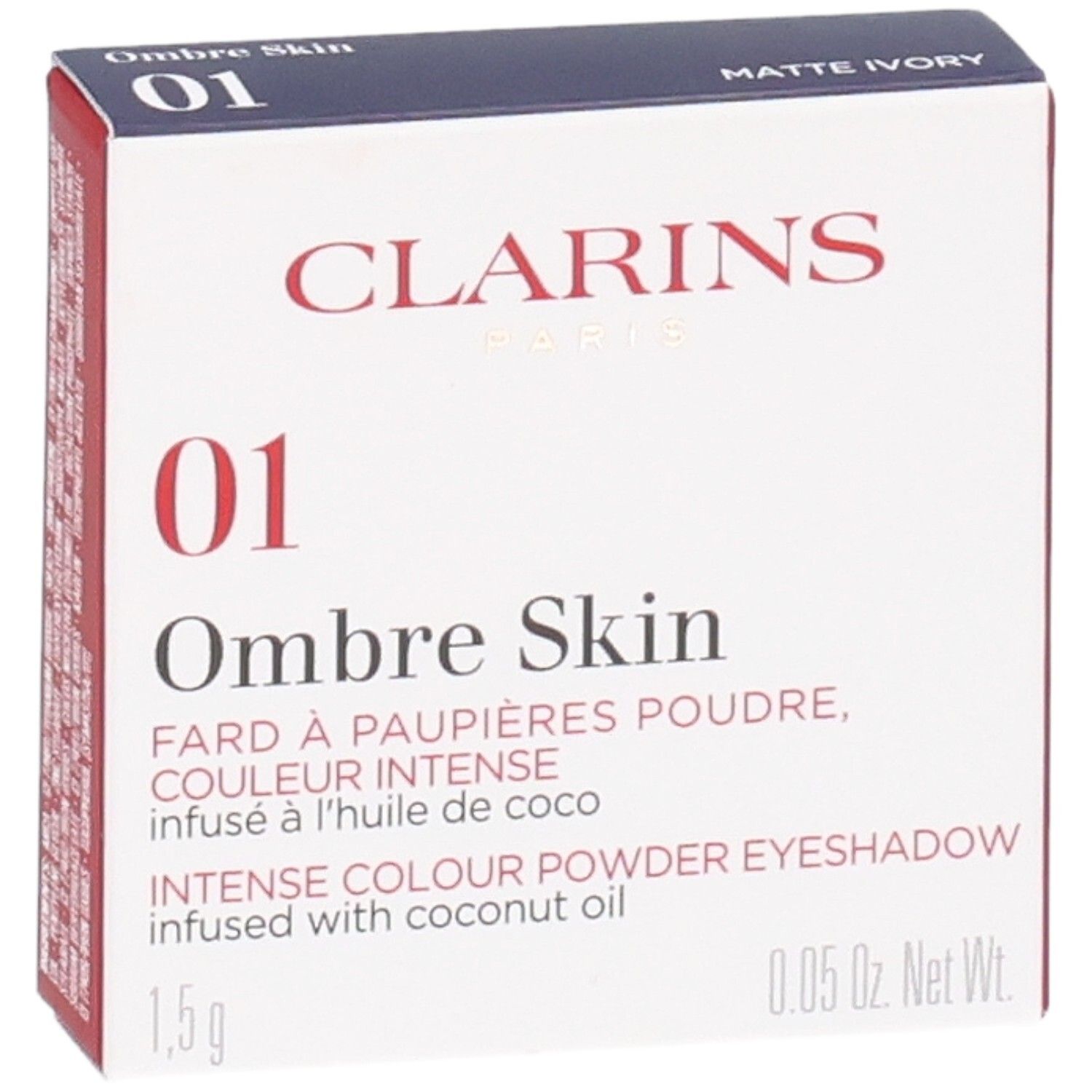 Clarins Ombre Skin 01 Matte Ivory, confezione ombretto. Contiene 1,5g.