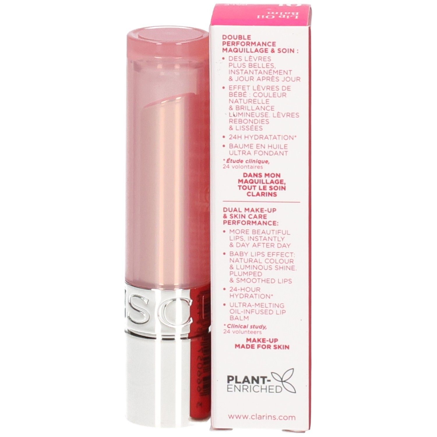 Clarins Lip Oil Balm 01, rossetto e confezione, testo in italiano e inglese.