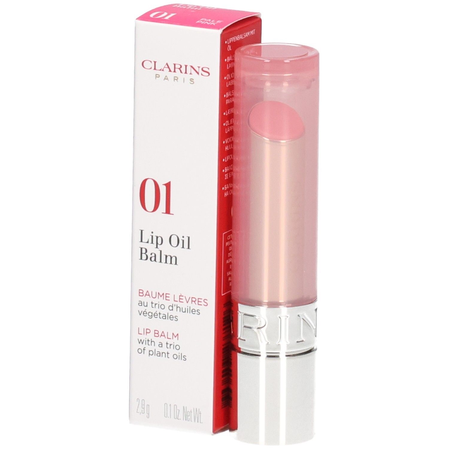 Clarins Lip Oil Balm 01 nella sua confezione rosa, rossetto estratto.