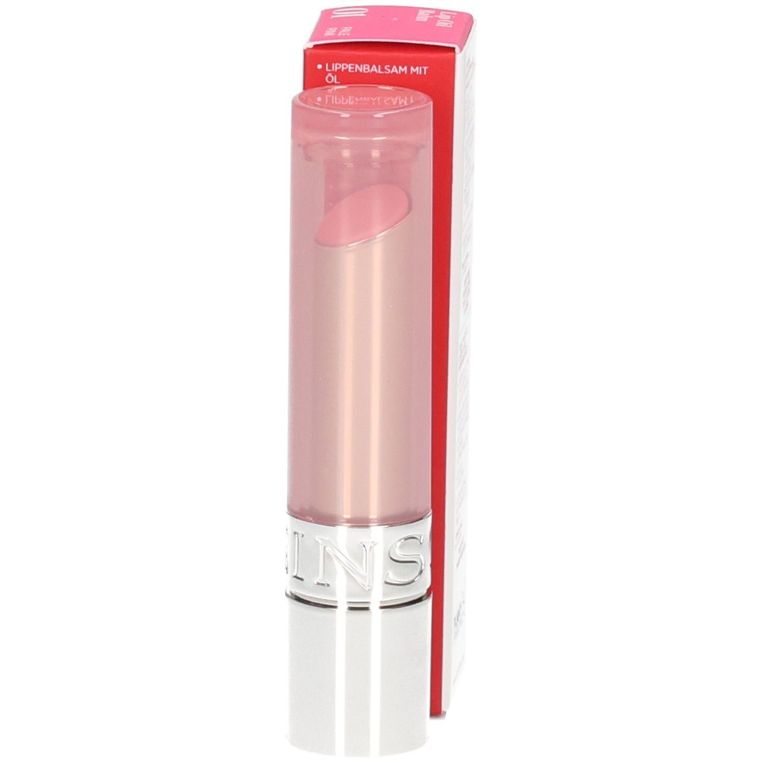 Clarins Lip Oil Balm 01, rossetto e confezione, testo in italiano.