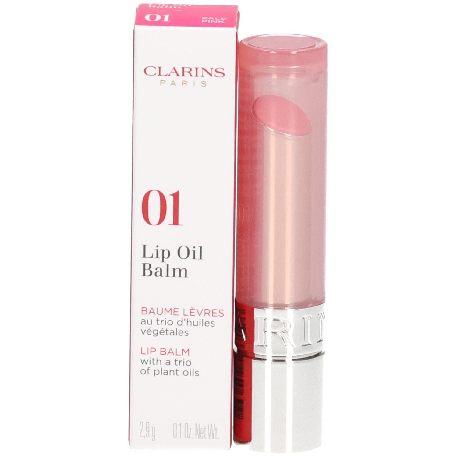 Clarins Lip Oil Balm 01 nella sua confezione rosa, rossetto estratto.