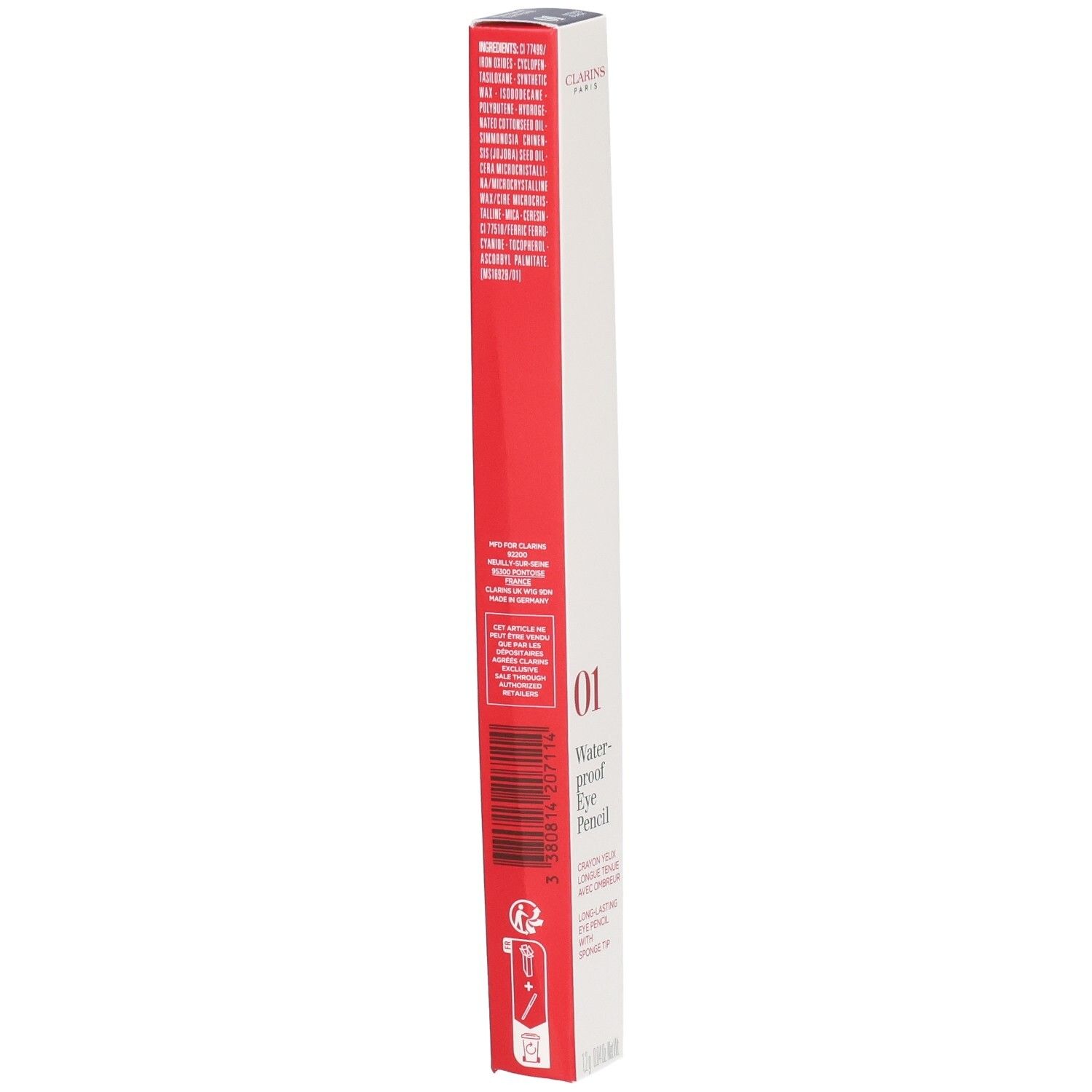 Confezione del CLARINS CRAYON YEUX WP 01 NOIR, con ingredienti e codice a barre.