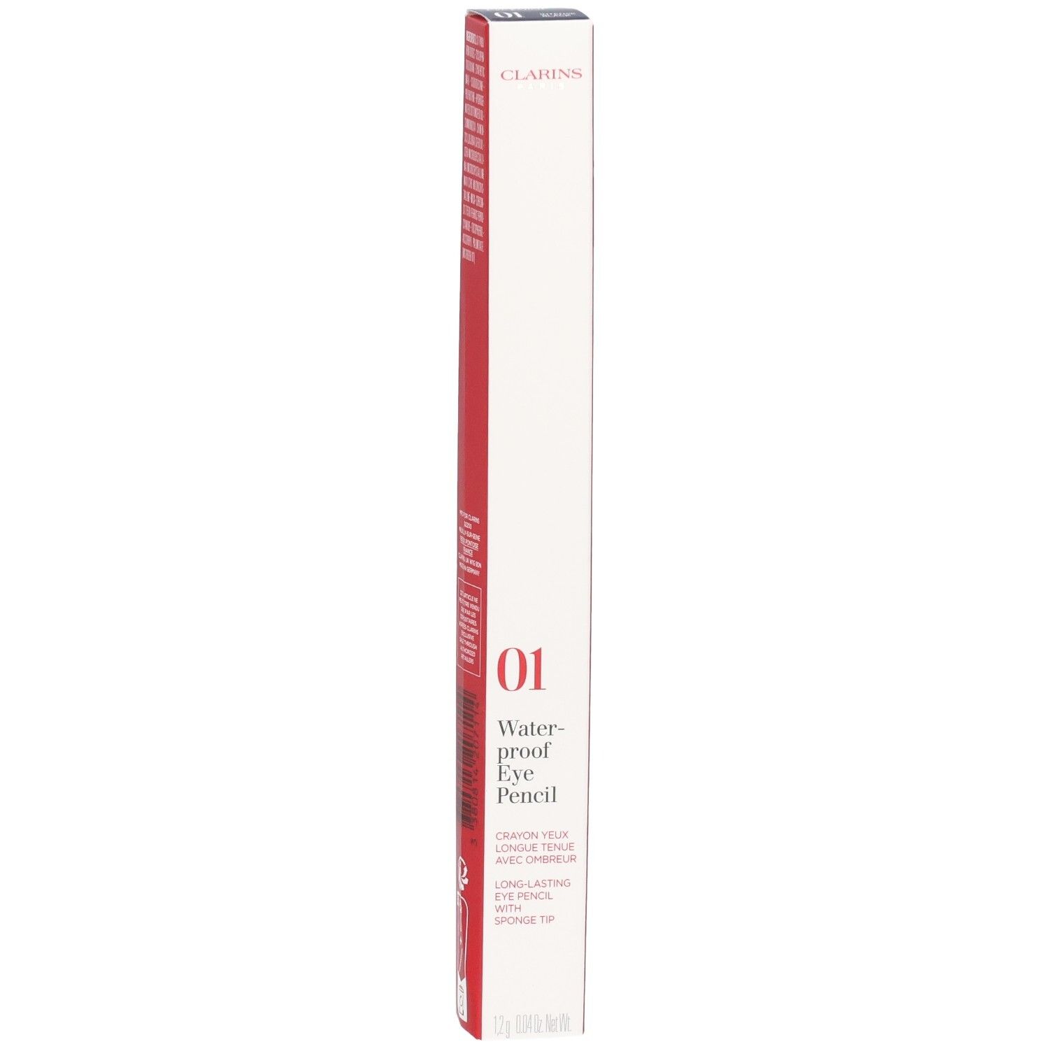 Confezione del CLARINS CRAYON YEUX WP 01 NOIR, con caratteristiche del prodotto.
