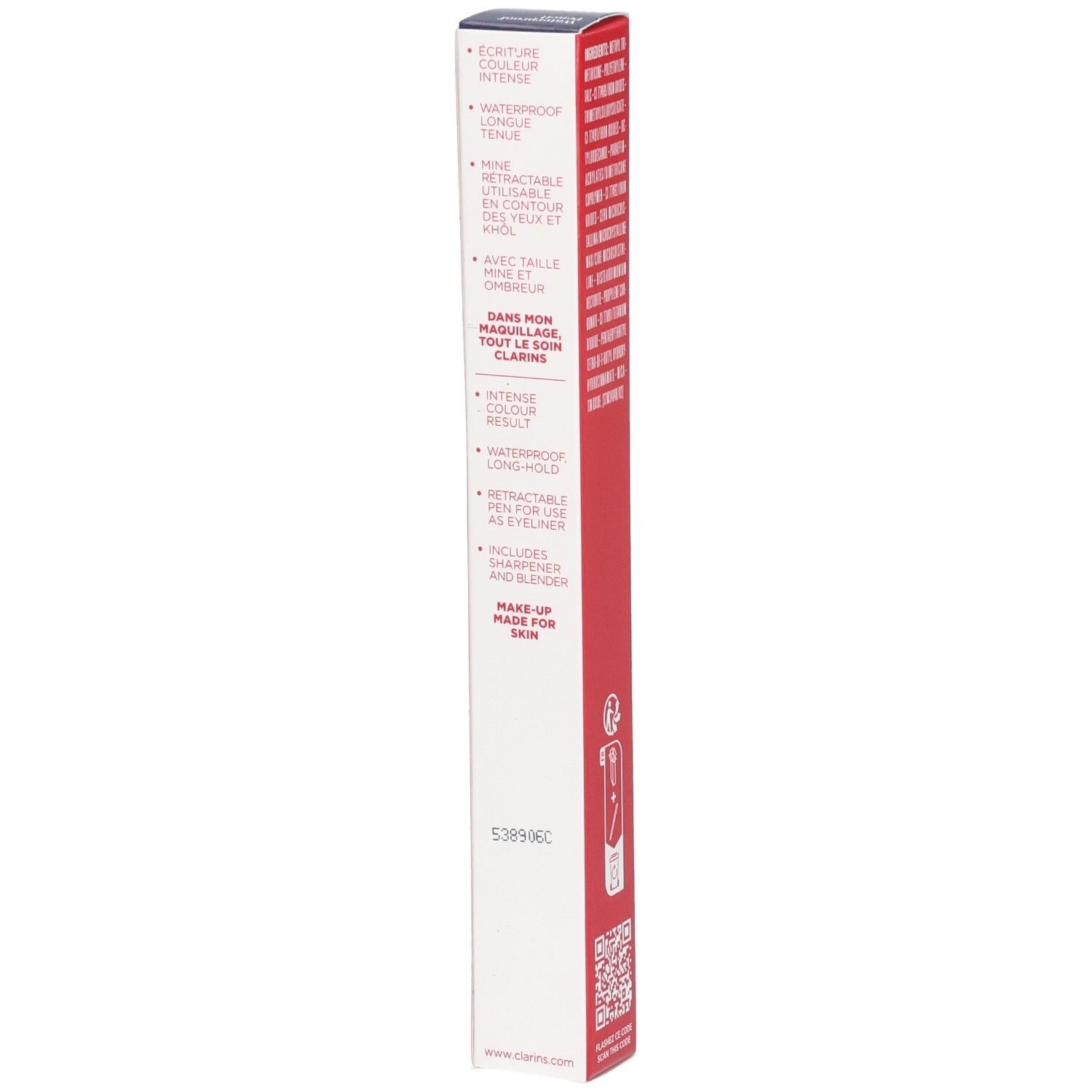 Confezione Clarins Matita Waterproof 02 Castagna, con caratteristiche e istruzioni.