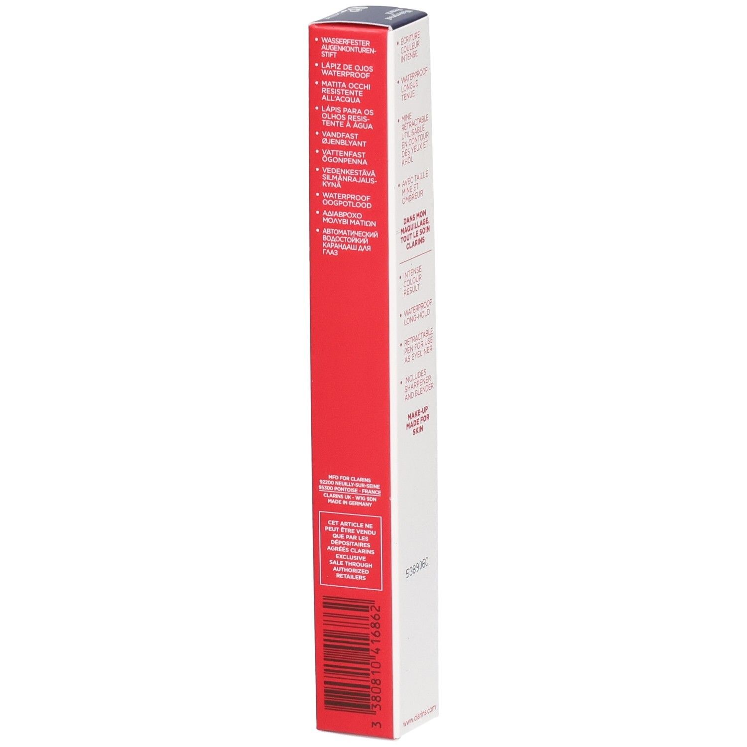 Confezione Clarins Matita Waterproof 02 Castagna, con informazioni prodotto multilingue.