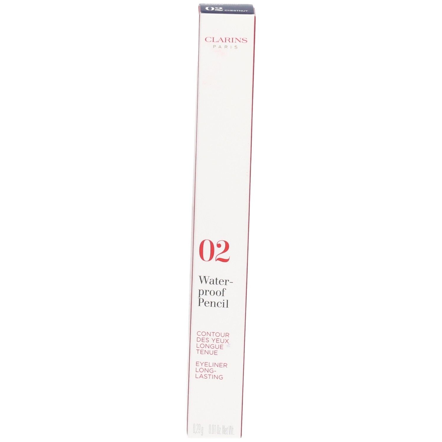 Confezione Clarins Matita Waterproof 02 Castagna, con caratteristiche e istruzioni.