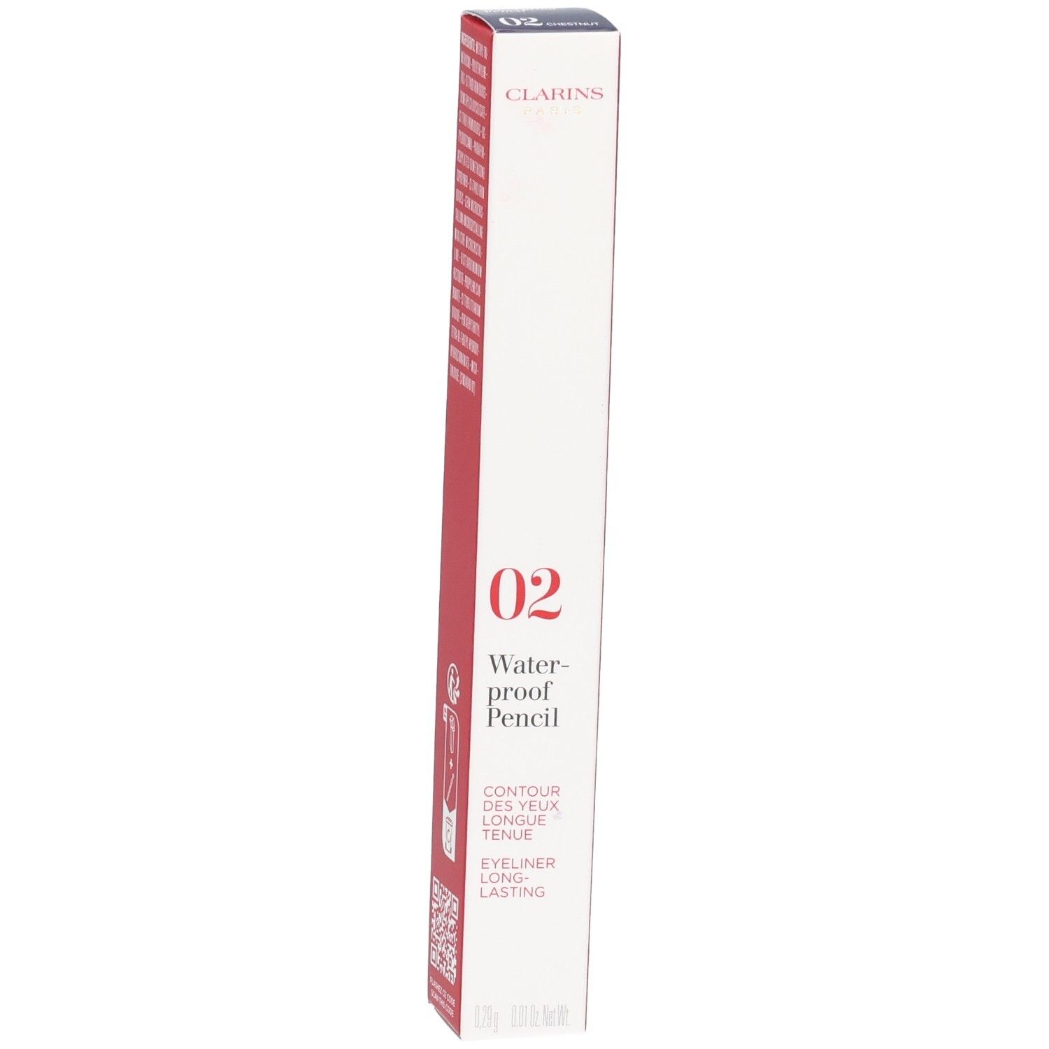 Confezione Clarins Matita Waterproof 02 Castagna, con caratteristiche e istruzioni.