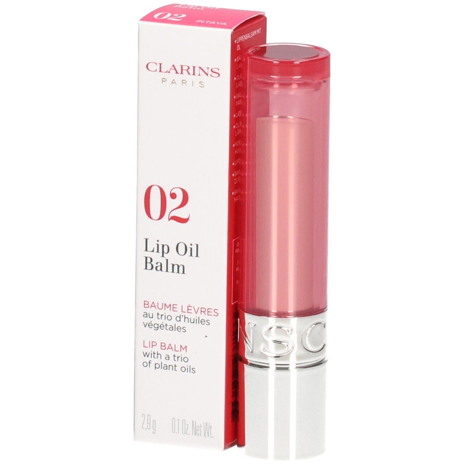 Clarins Lip Oil Balm 02 nella sua confezione rosa, in posizione verticale.